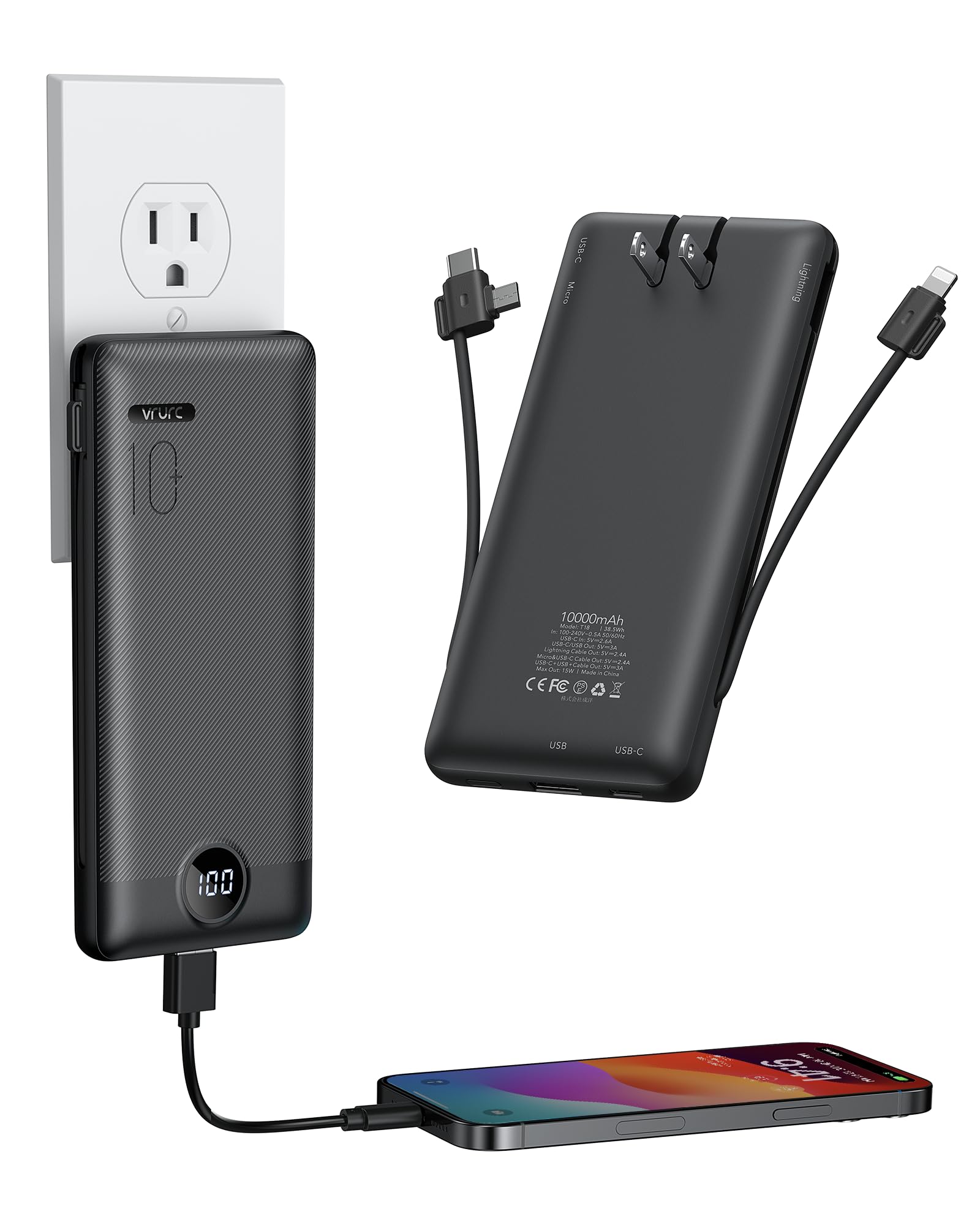 VRURC Portable Charger with Wall Plug, 10000mAh Slim Portable Charger Built in Cables,PD 20W Fast Charging Power Bank with Cords
