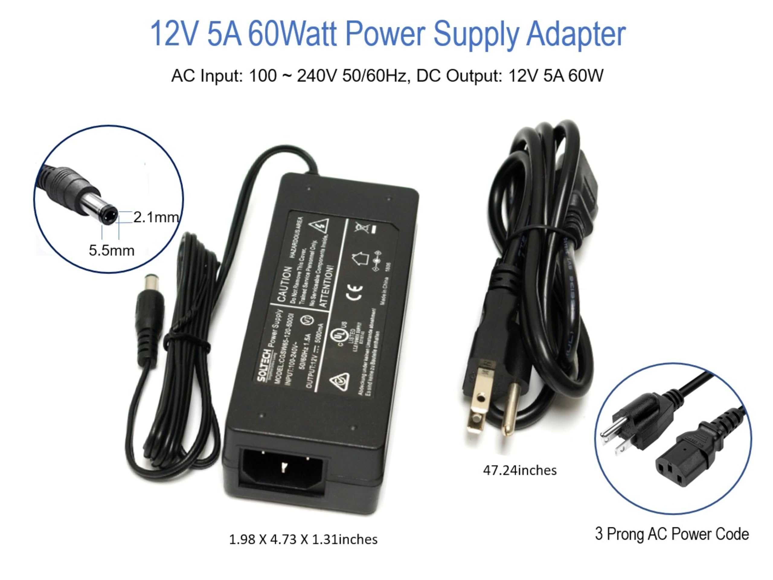 Soltech Security Camera Power Supply Adapter With 8 Way Power Splitter For Cctv 4 8 16 Channel Dvr/Nvr System, 100 240V Ac To Dc 12V 5A Converter For Samsung Wisenet Lorex Night Owl Swann, Ul Listed