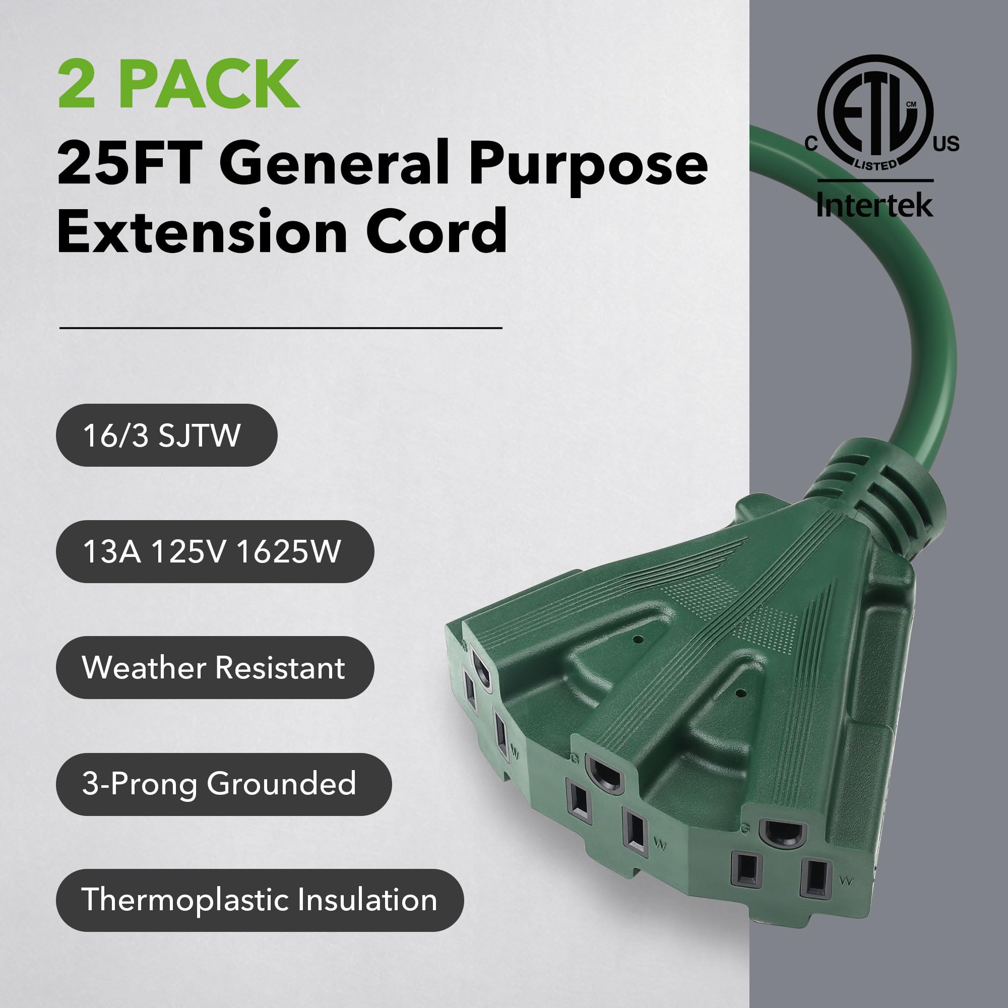 Bn Link 25Ft Outdoor Extension Cord With 3 Outlets, 2 Pack, 16/3 Sjtw, 13 Amp Power Cord For Lighting, Landscaping & Holiday Dec