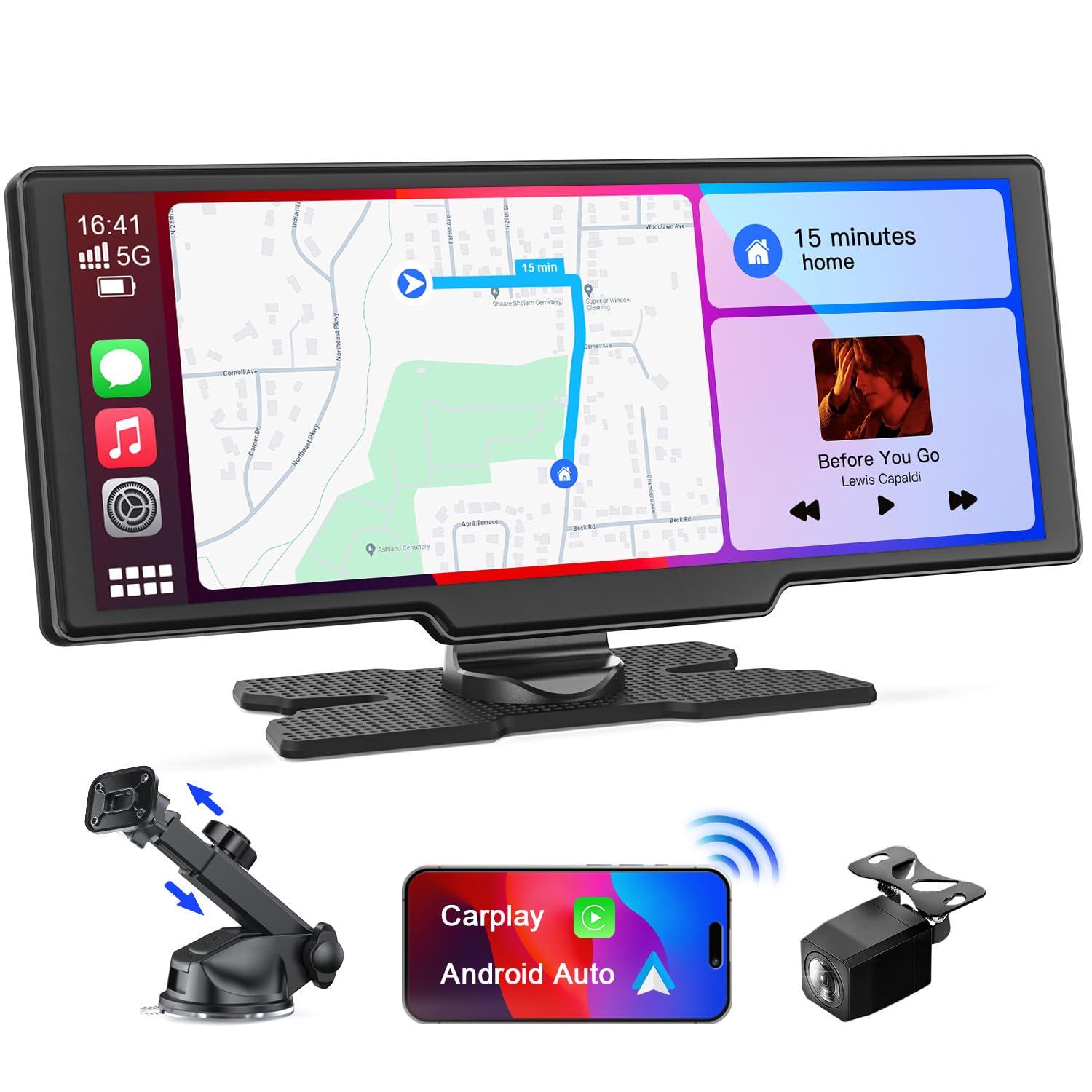 9.26'' Carplay Android Auto Screen For Car With Backup Camera, Portable Touchscreen Wireless Stereo, Gps Navigation, Googel/Siri