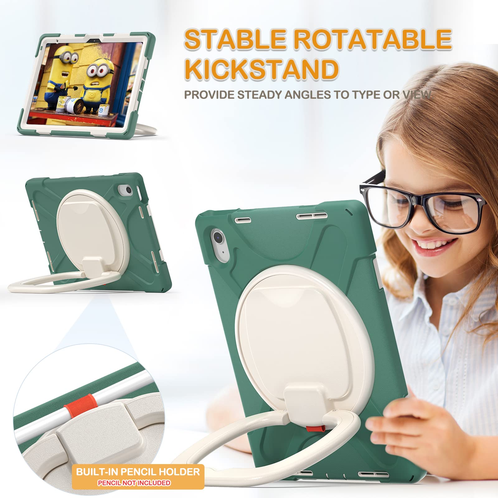 Braecn Case For Ipad 10Th Generation 2022 Silicone Cover With Pencil Holder/Rotating Handle Grip/Stable Kickstand/Adjustable Sho