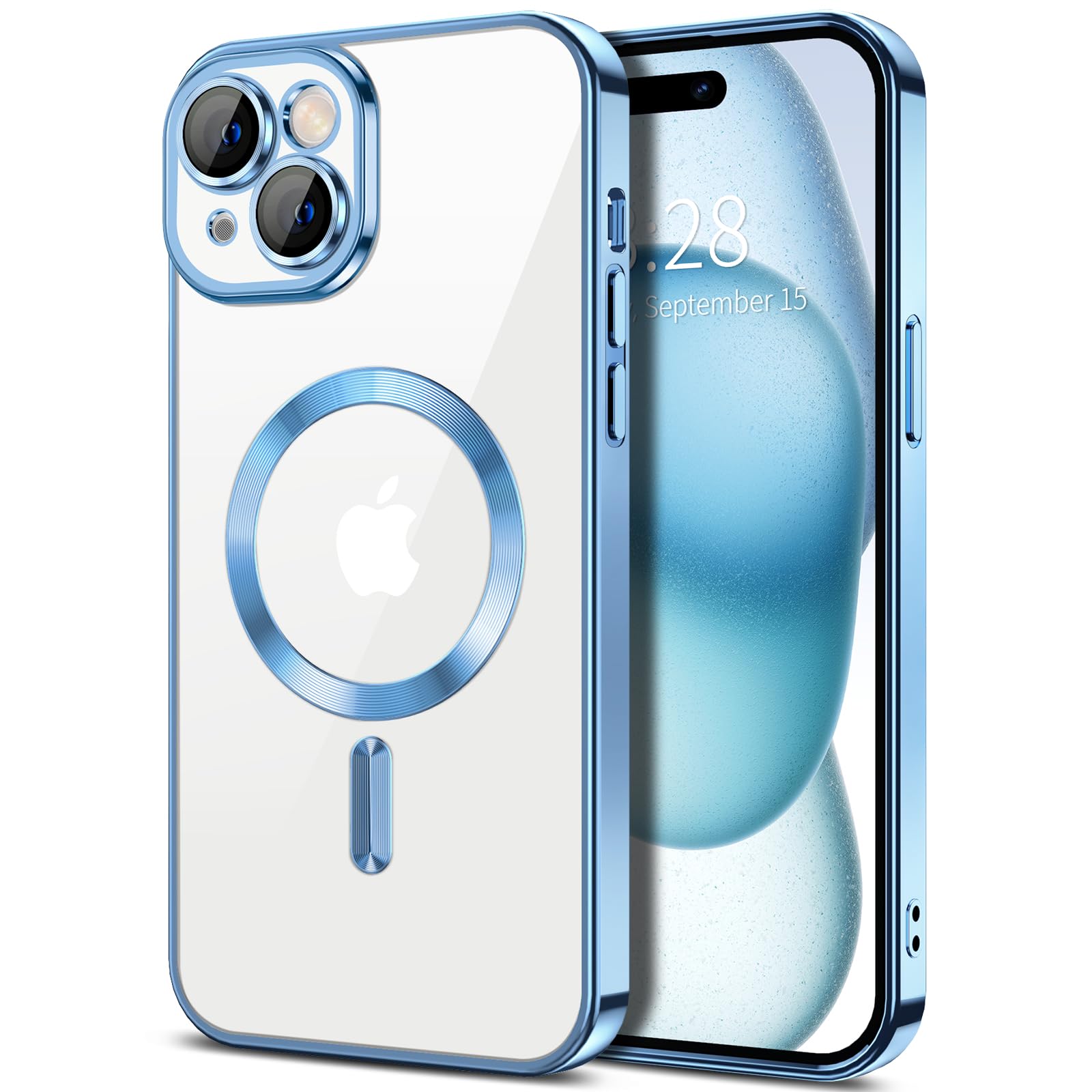 Hython Magnetic Clear Case For Iphone 15 Plus Case With Camera Lens Protector [Compatible With Magsafe] Slim Plating Edge Soft T