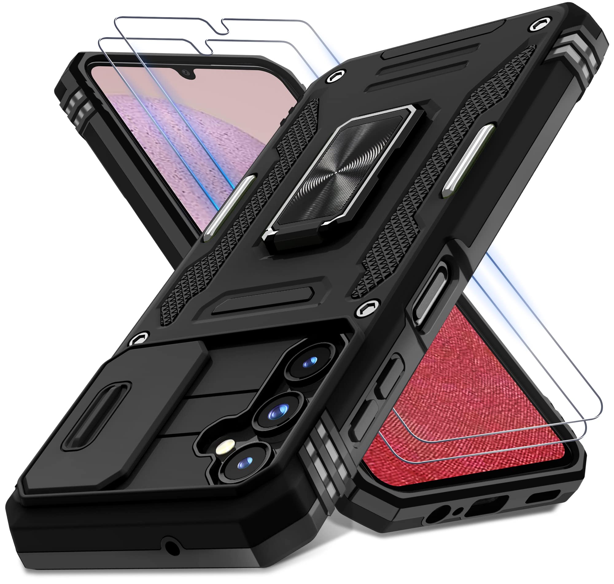 Deerlamn Case For Samsung Galaxy A14 5G With Slide Camera Cover+Screen Protector(2 Packs),Rotated Ring Kickstand Military Grade 