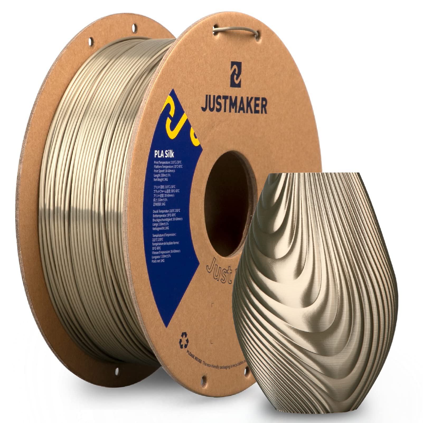 Justmaker Pla Silk 3D Printer Filament, Upgrade Cardboard Spool, Silk Shiny Filament, Dimensional Accuracy +/ 0.03Mm, 1.75Mm, 1K