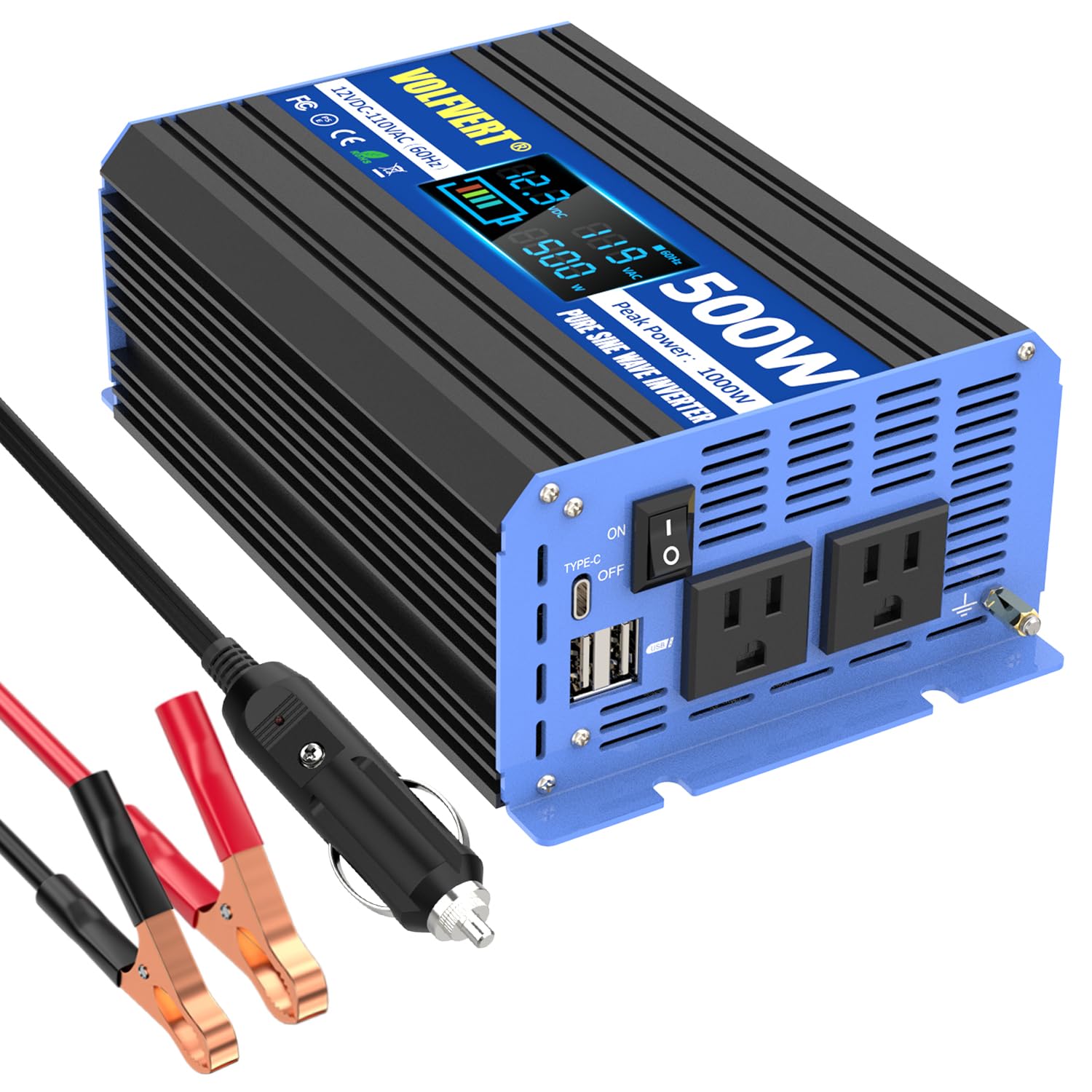 500 Watt Pure Sine Wave Inverter, 12V Dc To 110V 120V Ac Converter With Two Ac Outlets, Two Usb Charging Ports, One Type C Charg