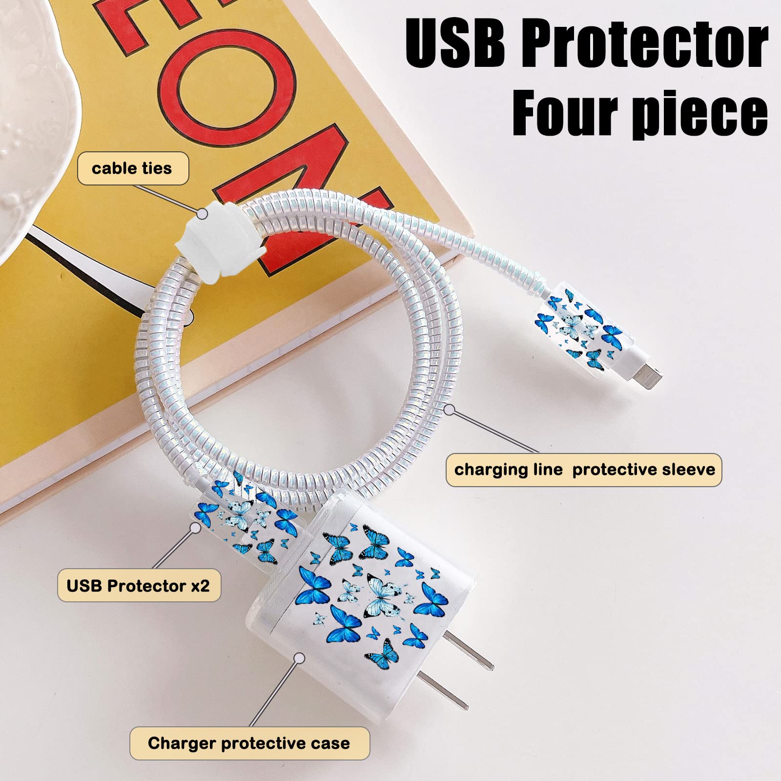 Cute Protectors Cable Protector For Iphone Charger Case Cover Pretty Elegant Blue Butterflies Pattern Unique Design Data Cable P