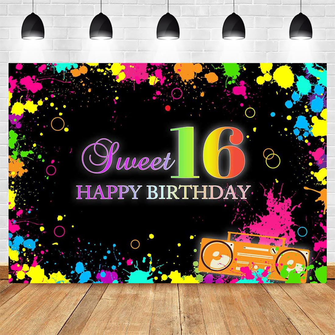Avezano 7X5Ft Sweet 16 Backdrop Neon 16Th Birthday Banner Sweet 16 Glow In The Dark Party Decorations Graffiti Sweet Sixteen Par