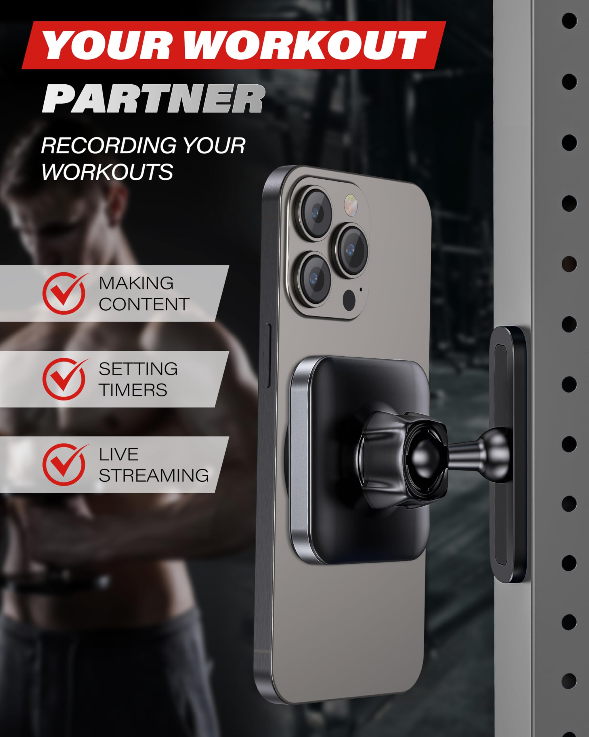 A2C Magnetic Phone Holder For Gym - Aluminum Alloy Base Attach To Metal Surfaces, Gym Phone Mount For Magsafe Iphone 12-16 Serie