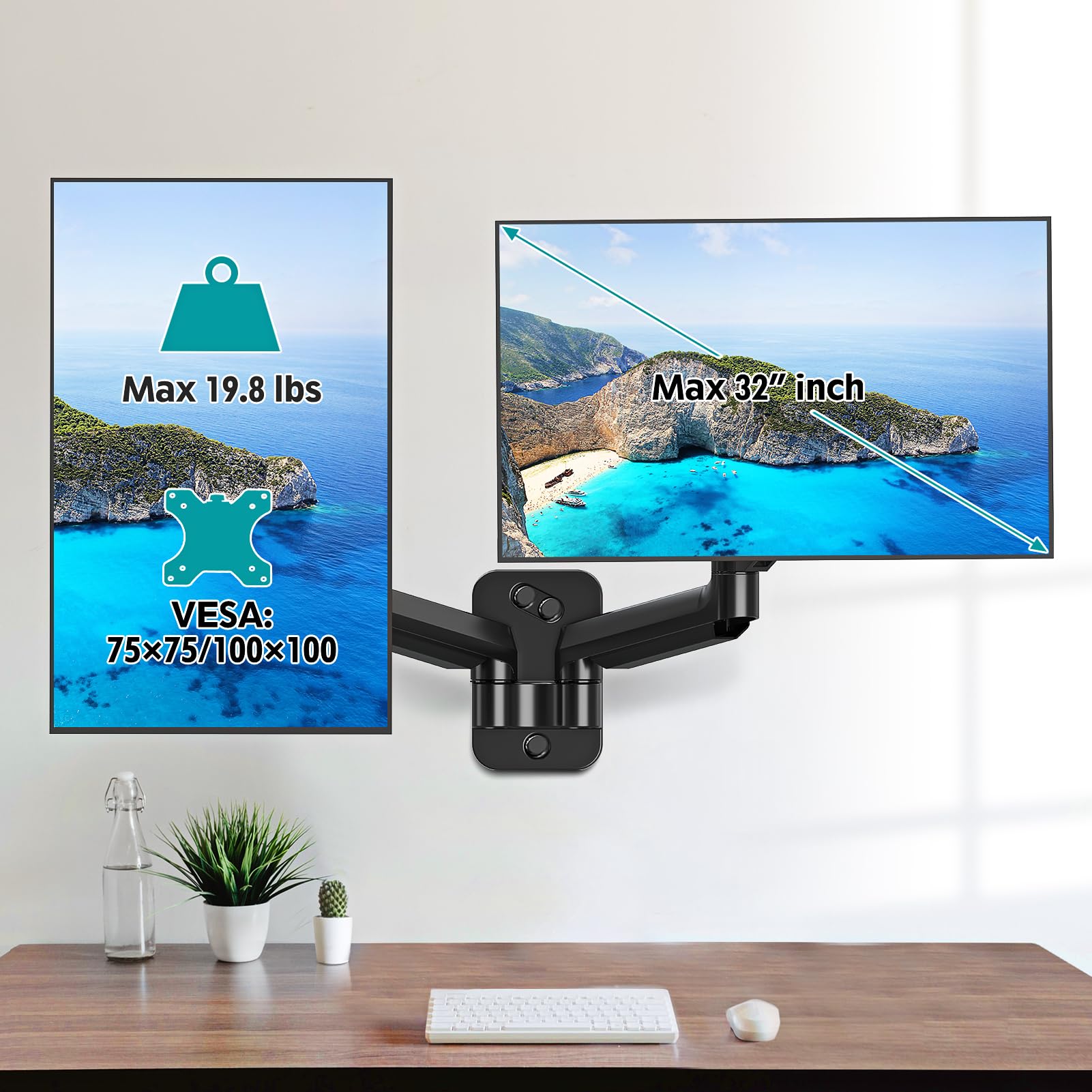 Ergofocus Dual Monitor Wall Mount For 13 To 32 Inch Computer Screens, Monitor Mounts For 2 Monitors Holds Up To 19.8Lbs Each,Ful