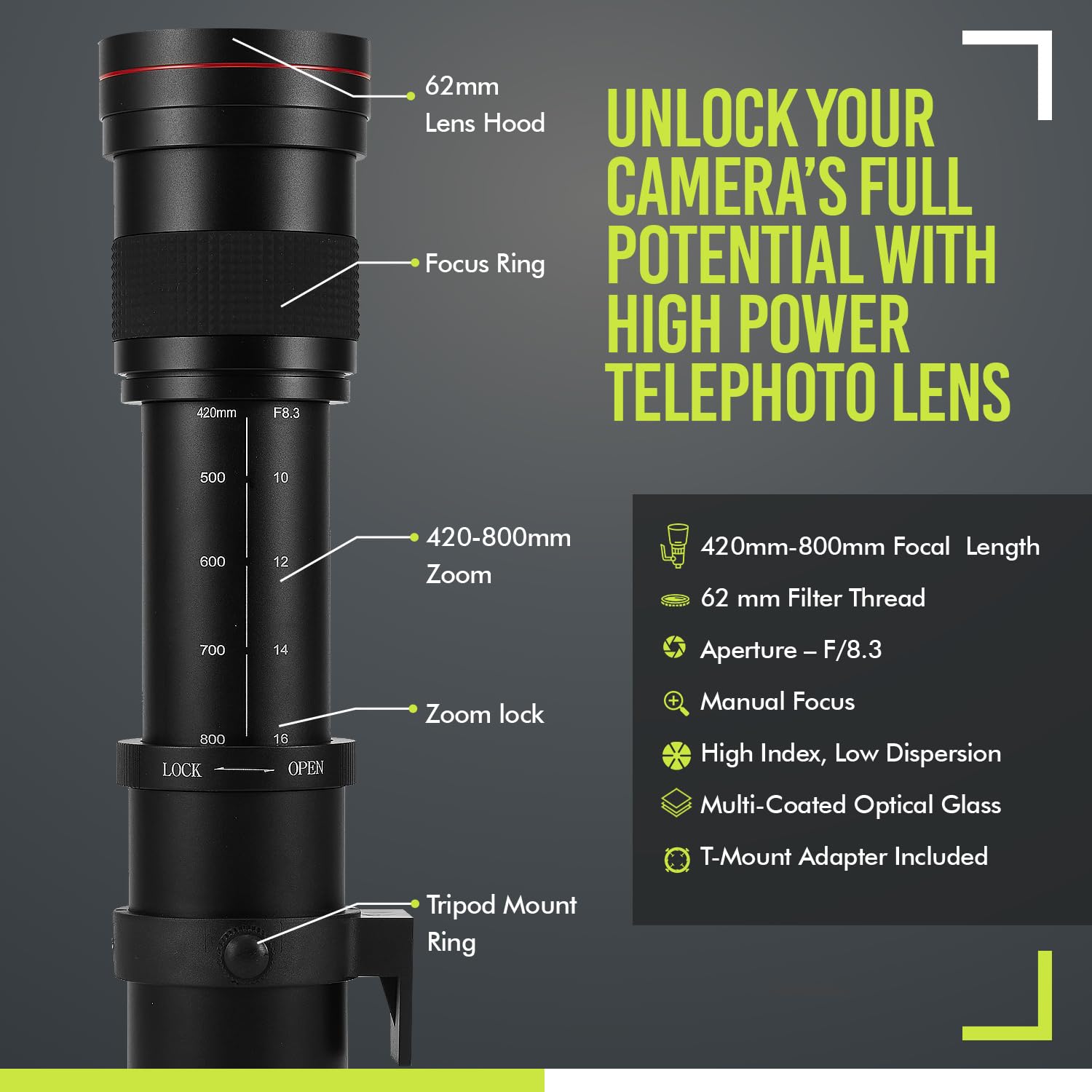 High Power 420 800Mm F/8.3 Manual Telephoto Zoom Lens For Canon Digital Eos Rebel Eos M, Eos M2, Eos M5, Eos M6, Eos M6 Mark Ii,