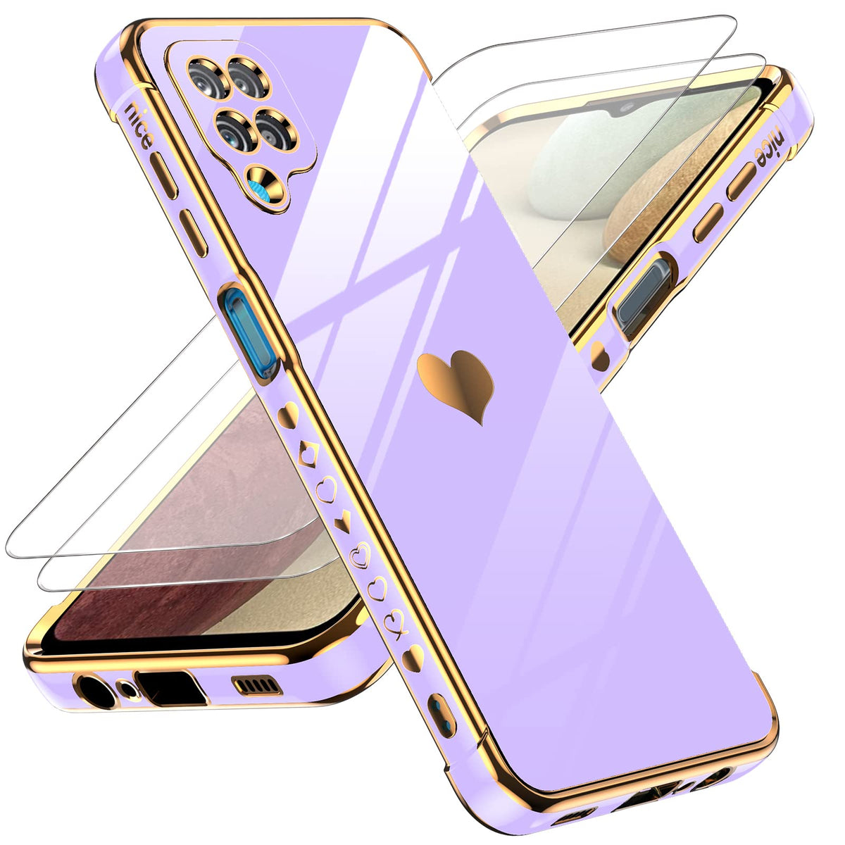 Leyi Samsung A12 Case With Love Heart Tempered Glass Screen Protector [2 Pcs]+ Full Camera Lens Protection For Women Girl, Plati