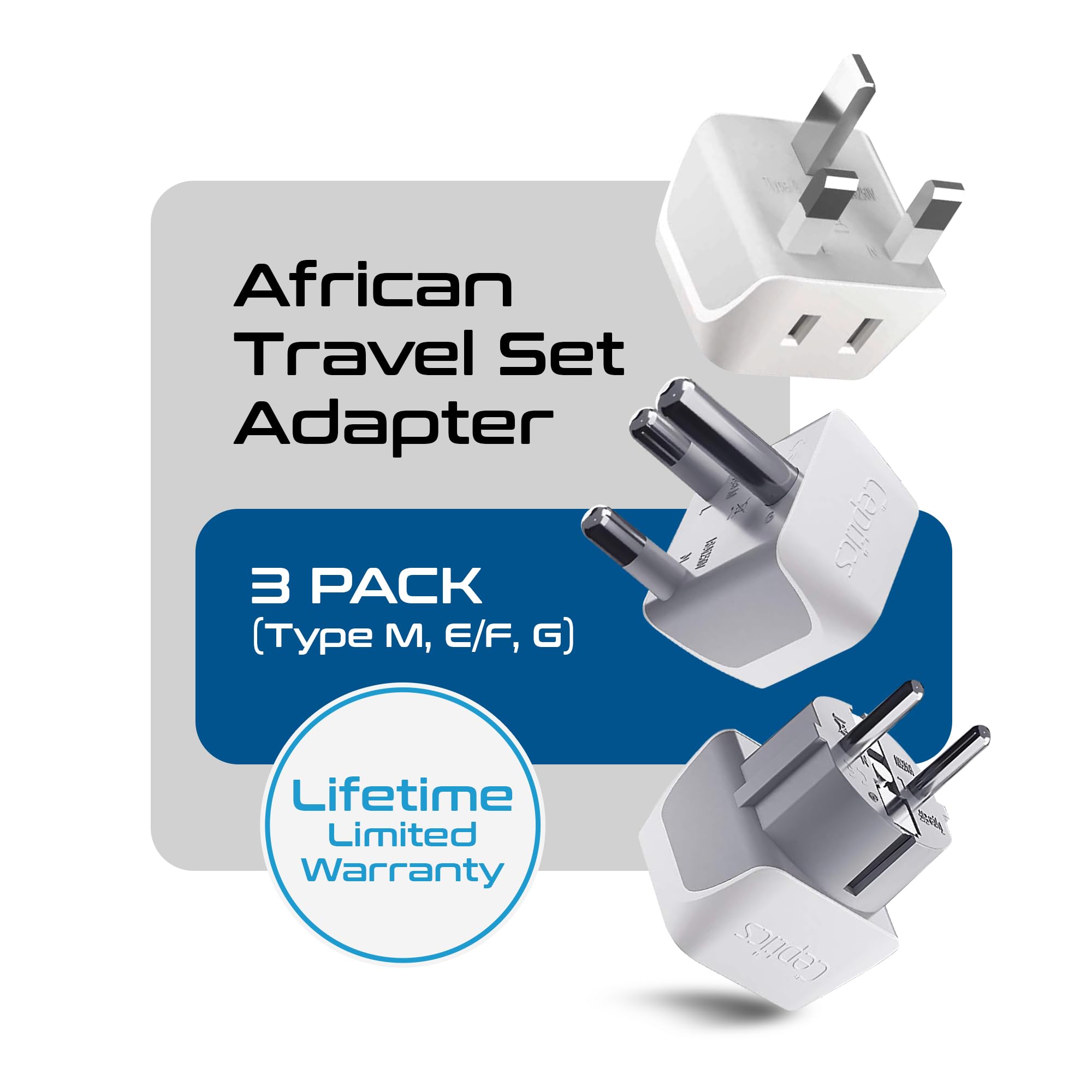 Ceptics 2 in 1 African Travel Adapter Set - 3 Pack, USA to Africa, Type M/E/F/G, White Gray, Model 2699029140