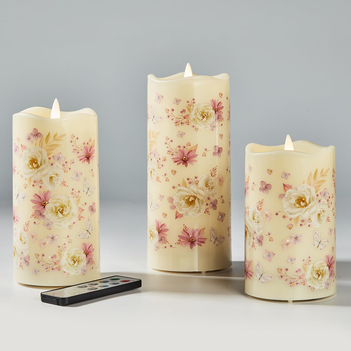 Eywamage Fiber Optic Flameless Candles With Remote, Floral Candles Battery Operated, Flickering Led Pillar Candles Set Of 3