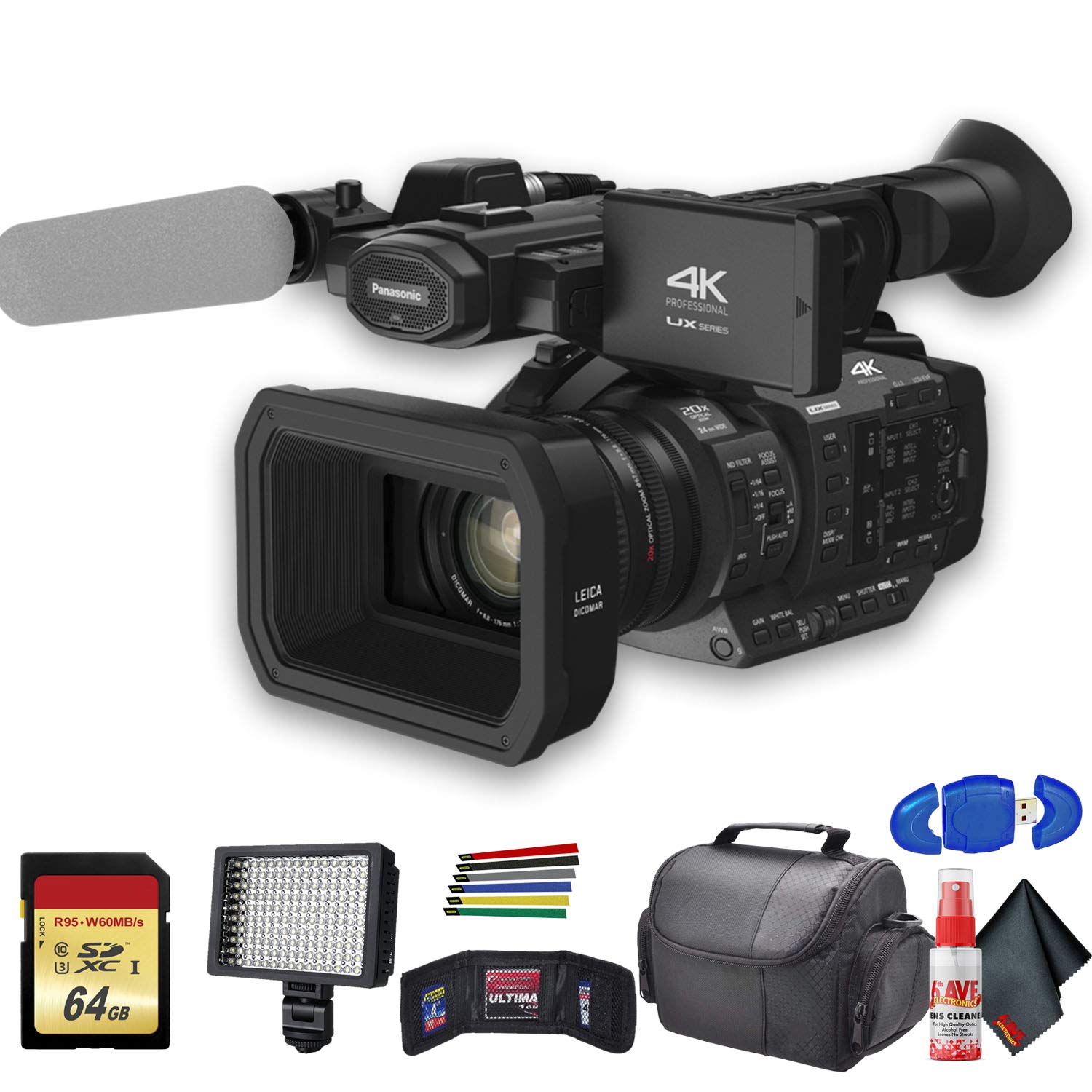 Panasonic AG-UX180 4K Professional Camcorder (AG-UX180PJ8) with Padded Case, LED Light, 64GB Memory Card and More Base Bundle