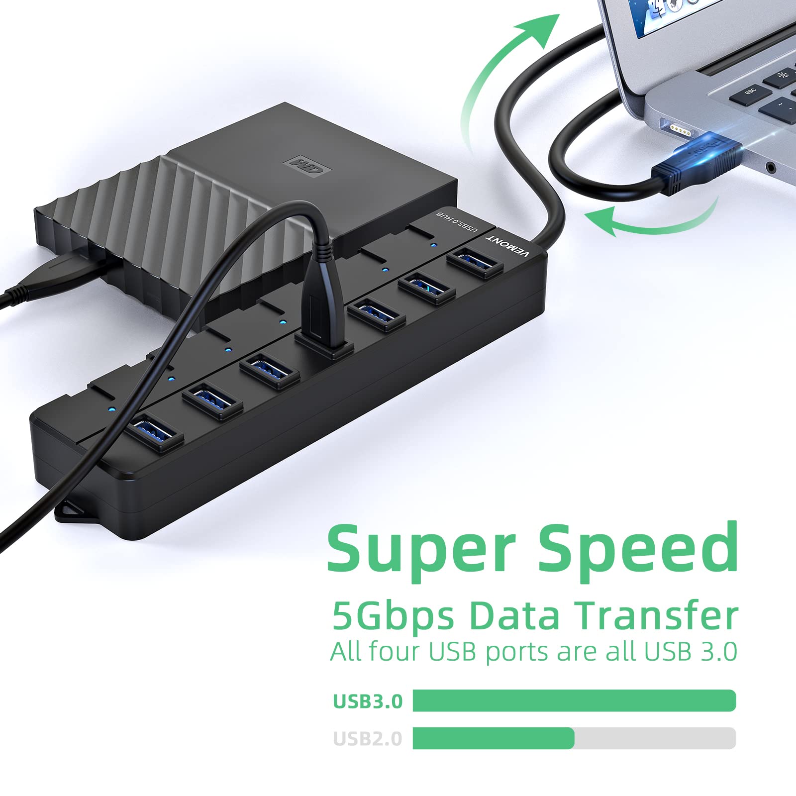 Usb Hub,7 Port Usb 3.0 Hub,Vemont Usb Splitter With Individual On/Off Switches And Lights, 4Ft/1.2M Usb Hub Long Cable, Usb Extension For Laptop And Pc Computer