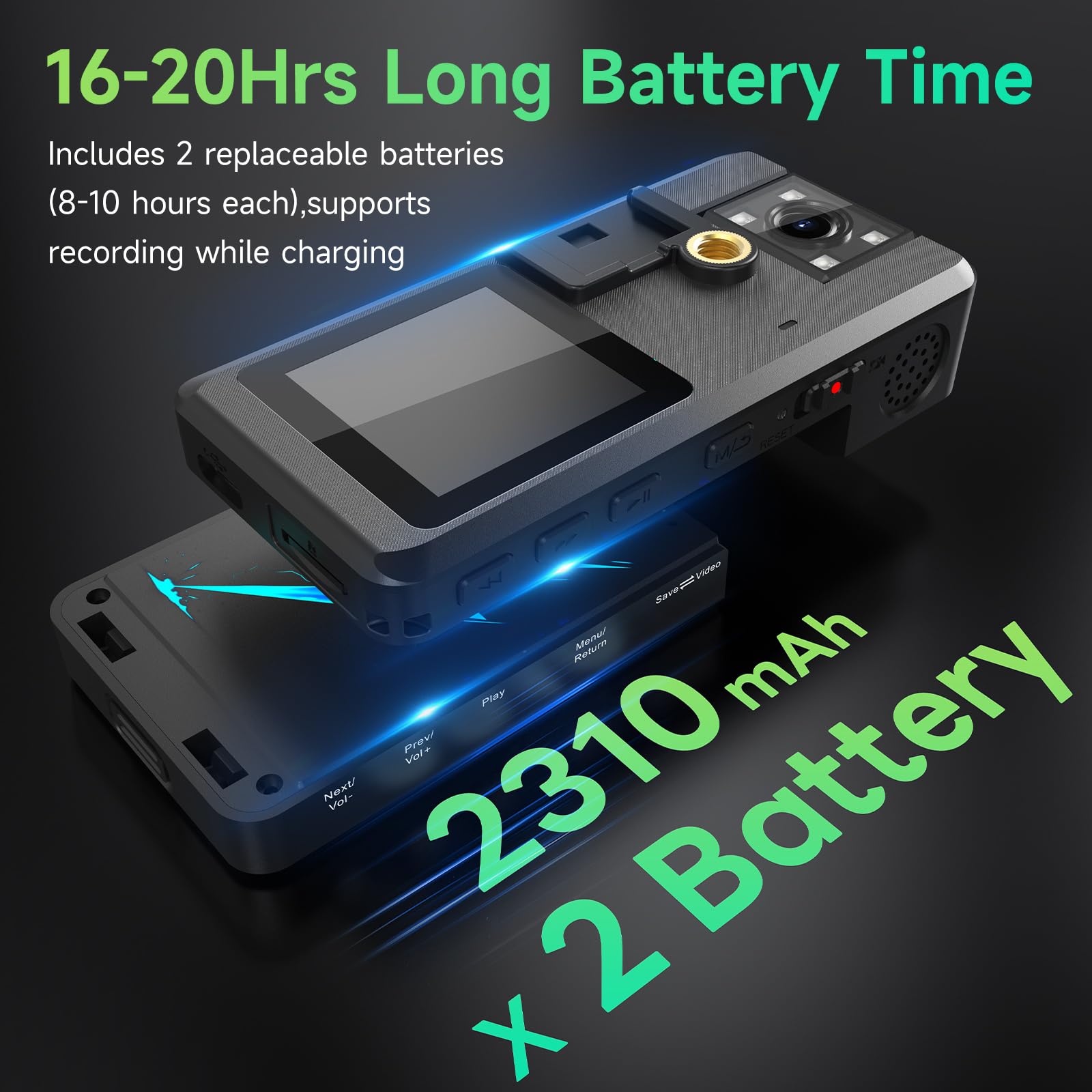Wevoor 1296P Fhd Body Camera A53, 20Hours Dual Battery Pack, 64Gb Wearable Police Camera With Ir Night Vision + 180 Rotatable Le