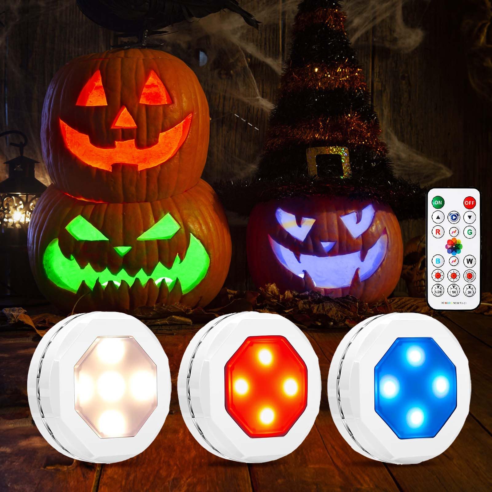 LUNSY Halloween Pumpkin Lights, Pumpkin Lights with Remote Control, Jack-O-Lantern Lights, RGB Color Changing, Battery Operated,