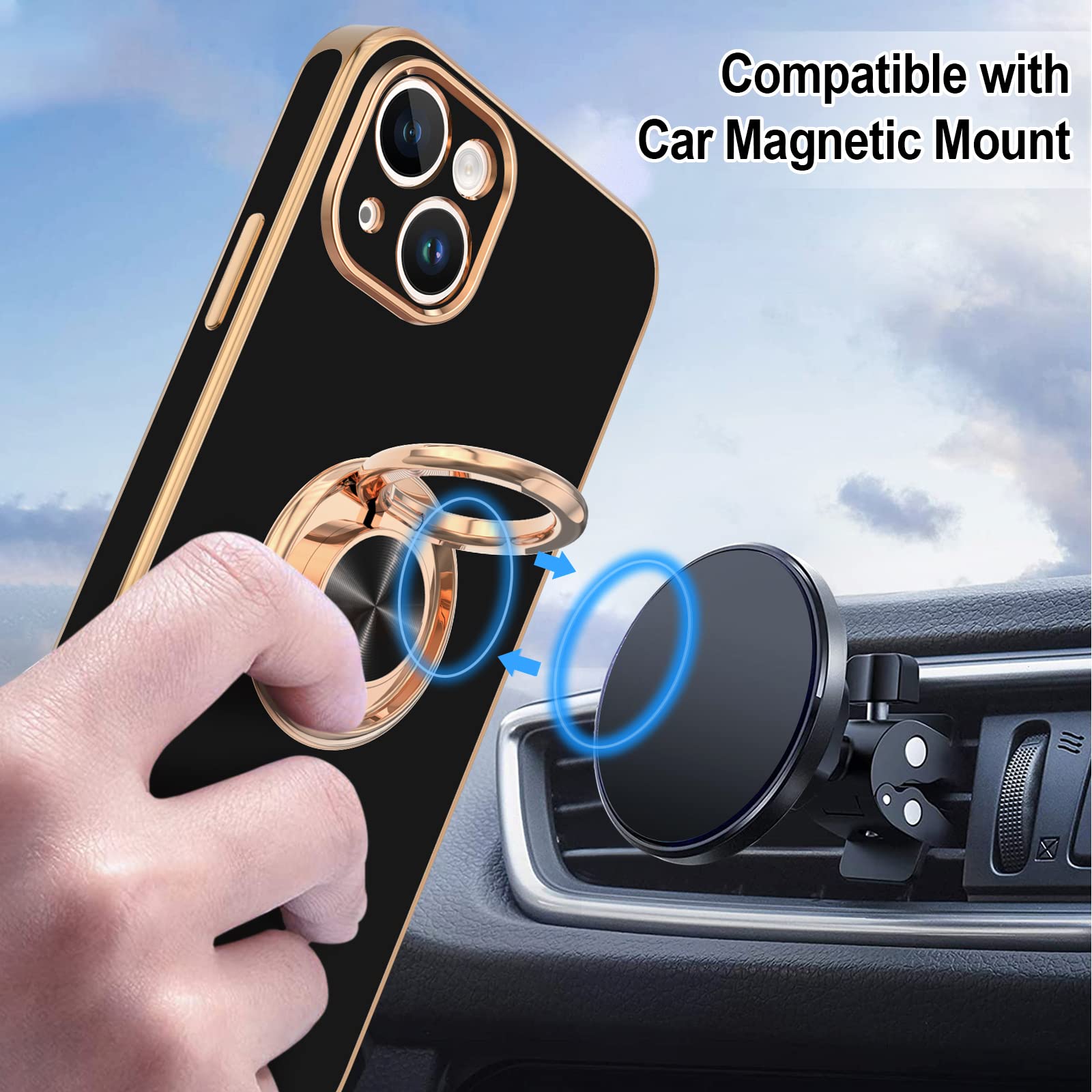 Hython For Iphone 14 Plus Case With Ring Stand [360 Rotatable Ring Holder Magnetic Kickstand] [Support Car Mount] Plated Gold Ed