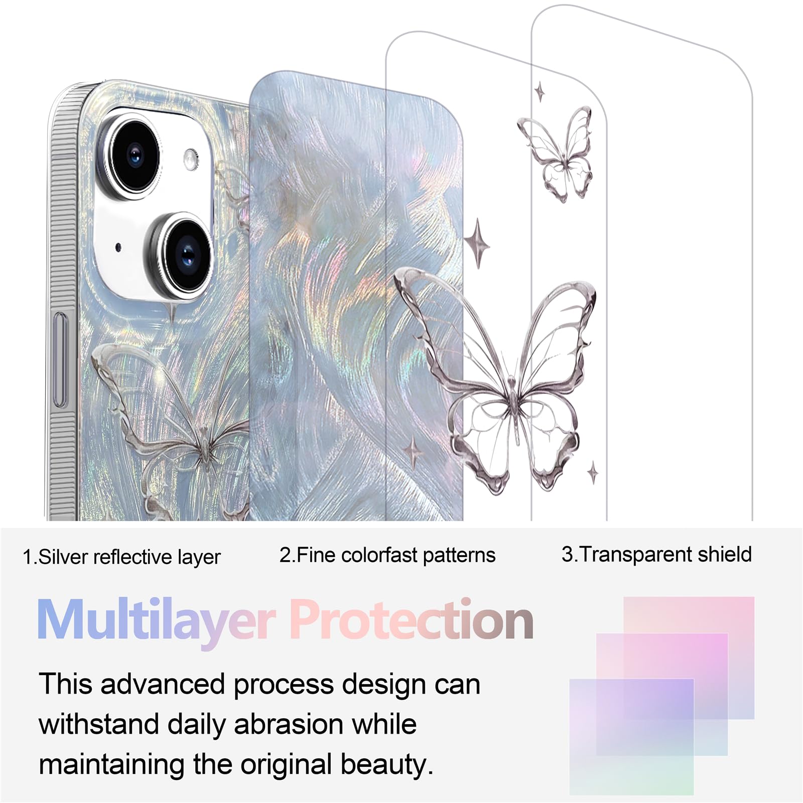 I Mgae In Ar Compact Case For Iphone 14 Plus Shiny Silver Butterfly Design,Cute Trendy Soft Slim Tpu Shockproof Protective Phone