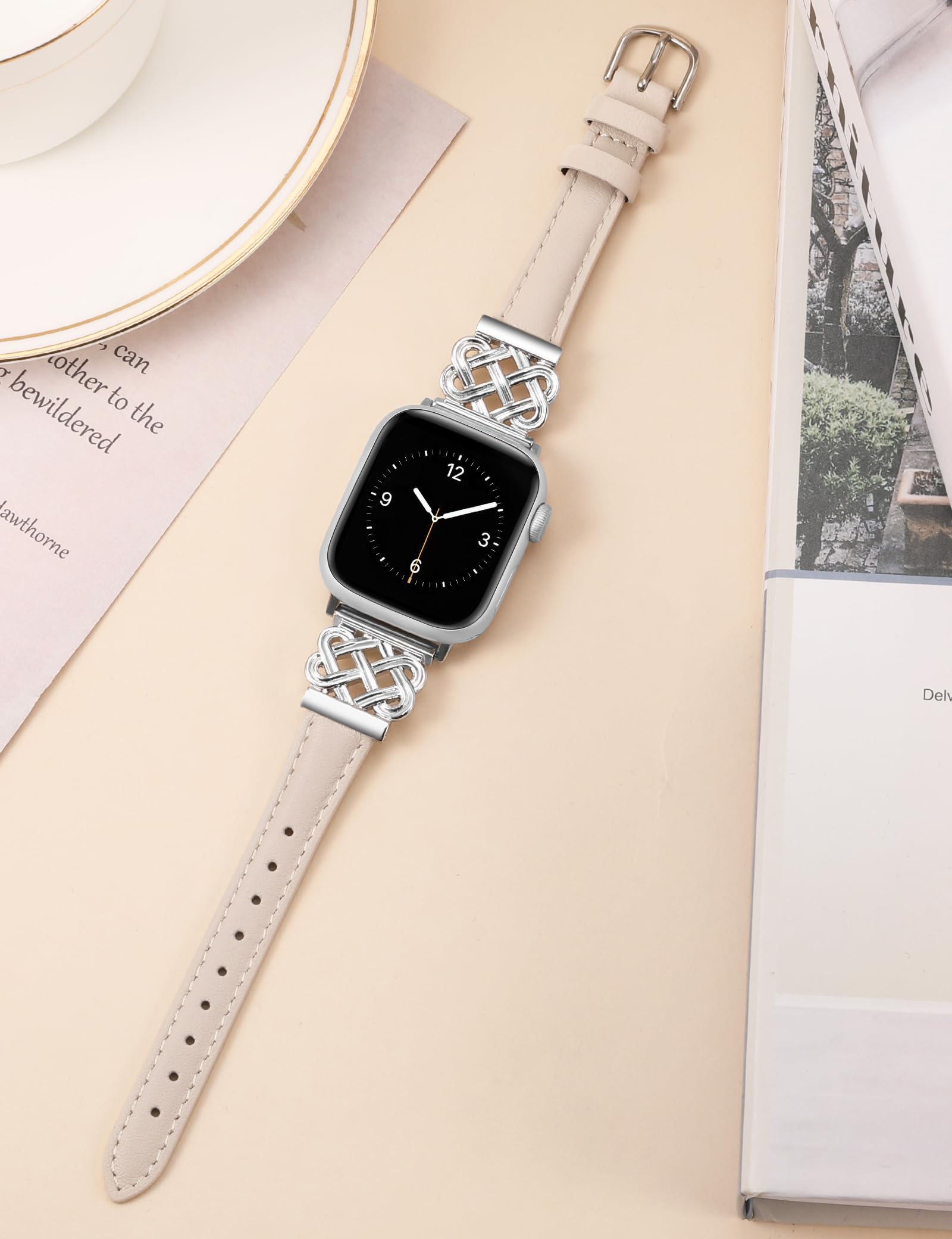 Toyouths Leather Band Compatible With Apple Watch Bands Women 38/40/41/42Mm Dressy Slim Thin Leather Strap With Designer Interlo