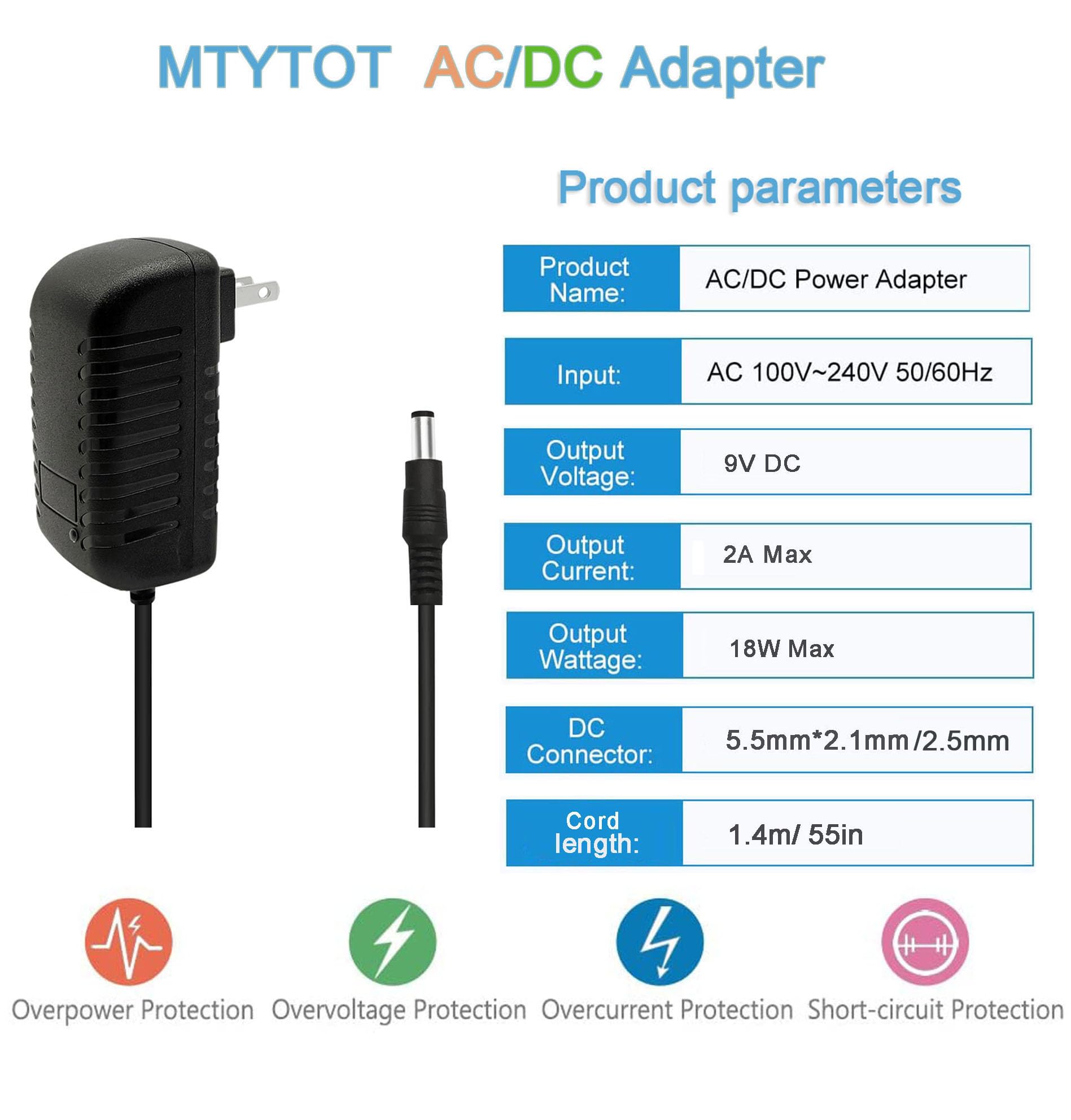 Mtytot 9V 2A Power Supply Adapter Ac 110V To Dc 9V 2A 1.5A 1A 750Ma 0.5A Ac Adapter Transformer 9V Wall Adapter 4.6Ft Cord With