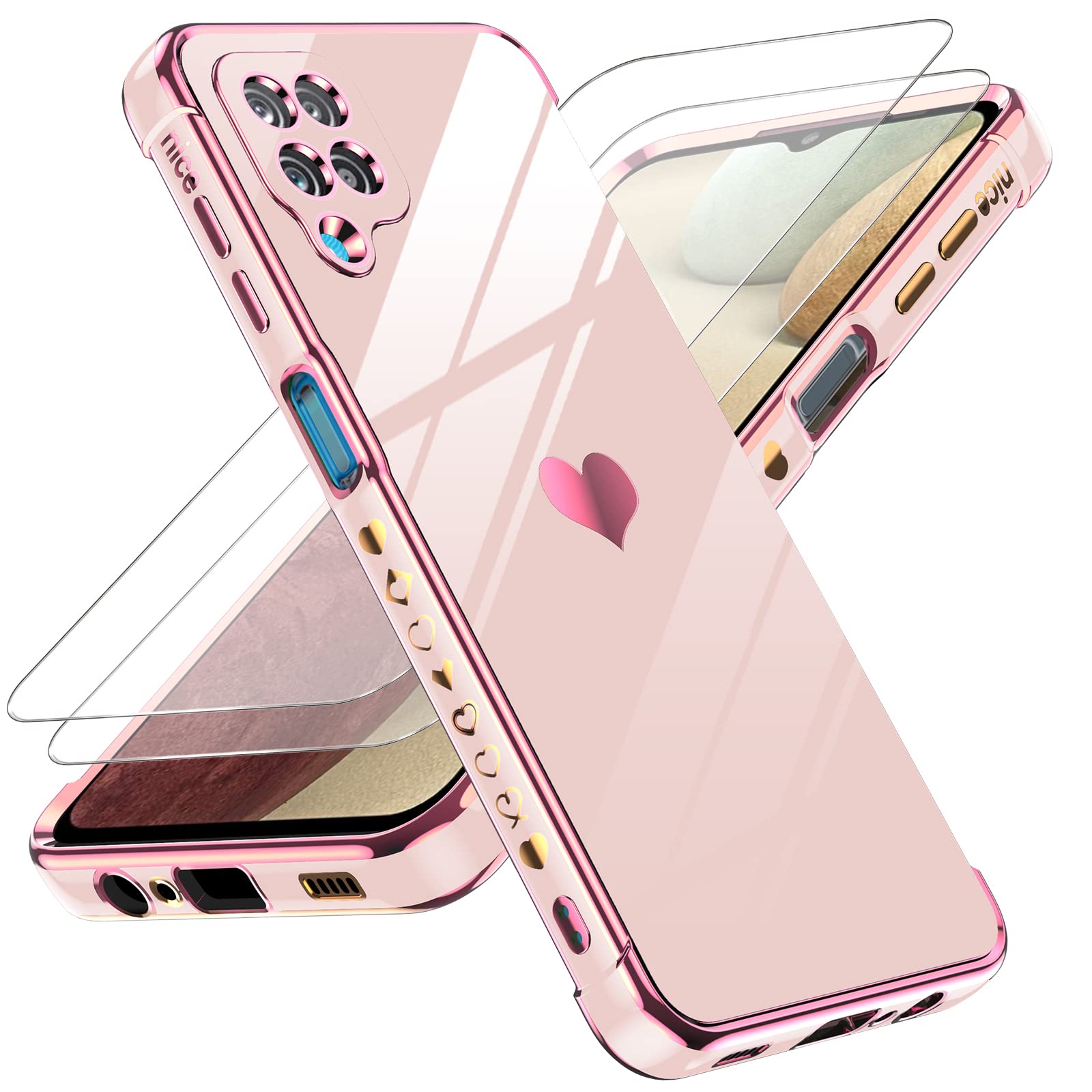 Leyi Galaxy A12 Case For Women Girl, With Tempered Glass Screen Protector [2 Pcs]+ Full Camera Lens Protection, Plating Love Hea