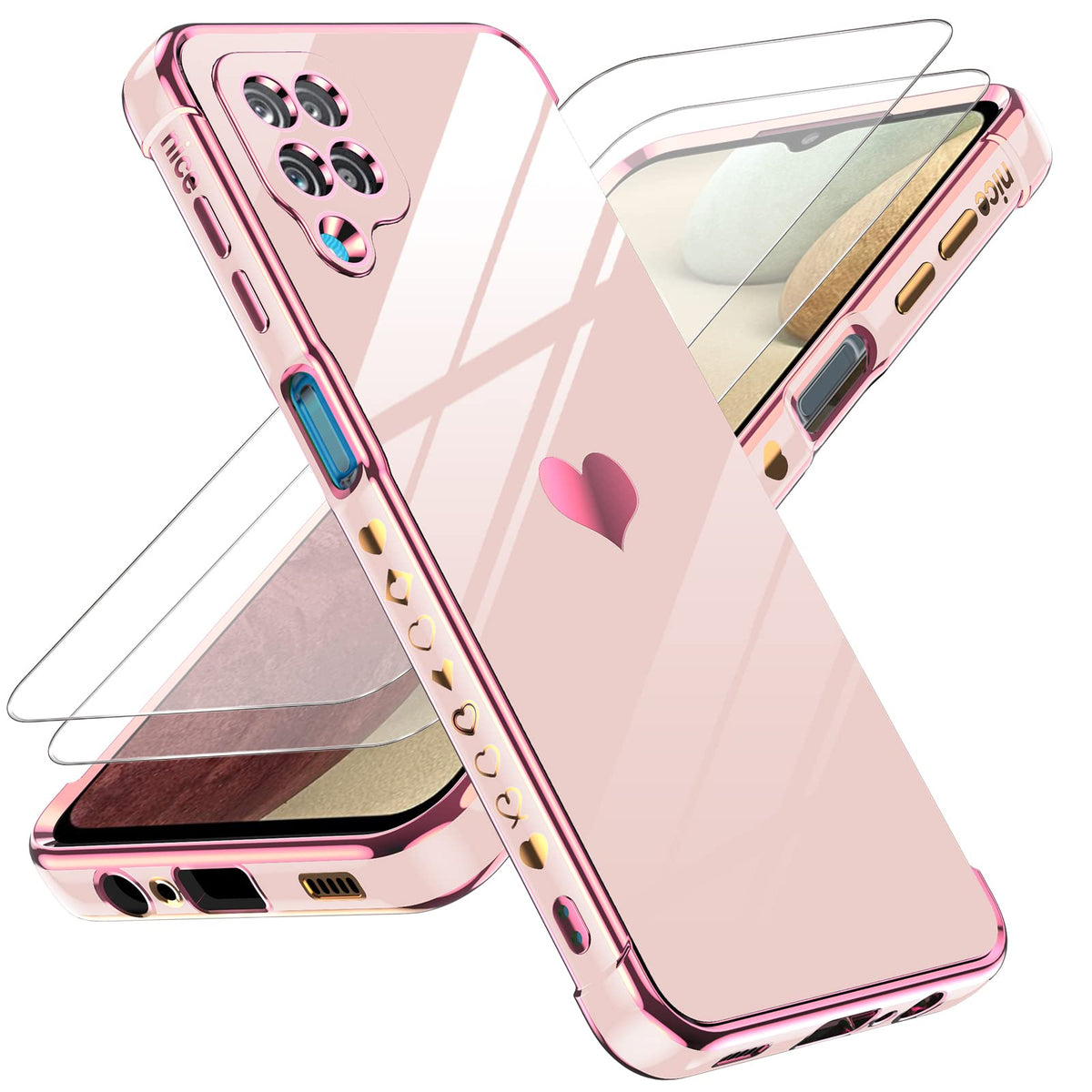 Leyi Galaxy A12 Case For Women Girl, With Tempered Glass Screen Protector [2 Pcs]+ Full Camera Lens Protection, Plating Love Hea