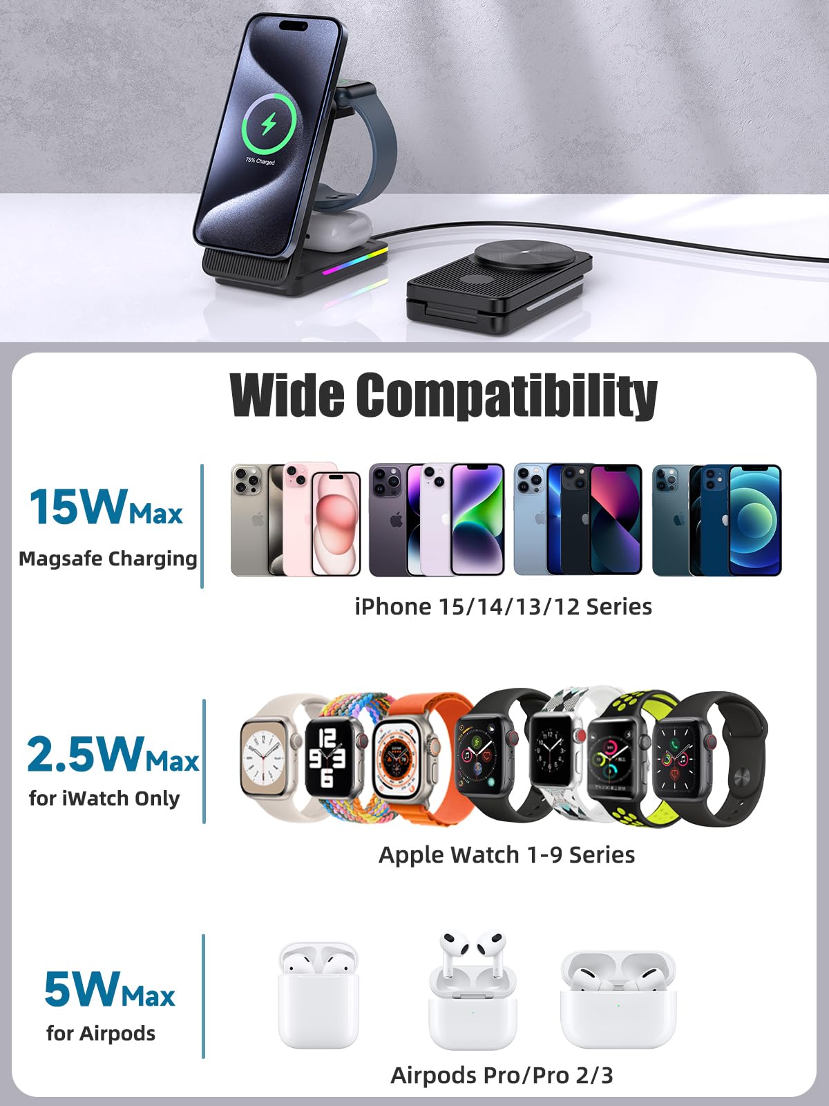 Wireless Charging Station For Apple Magsafe Charger, 3 In 1 Magsafe Charger Stand For Iphone 15 Pro Max/14/13/12, Foldable Magsa