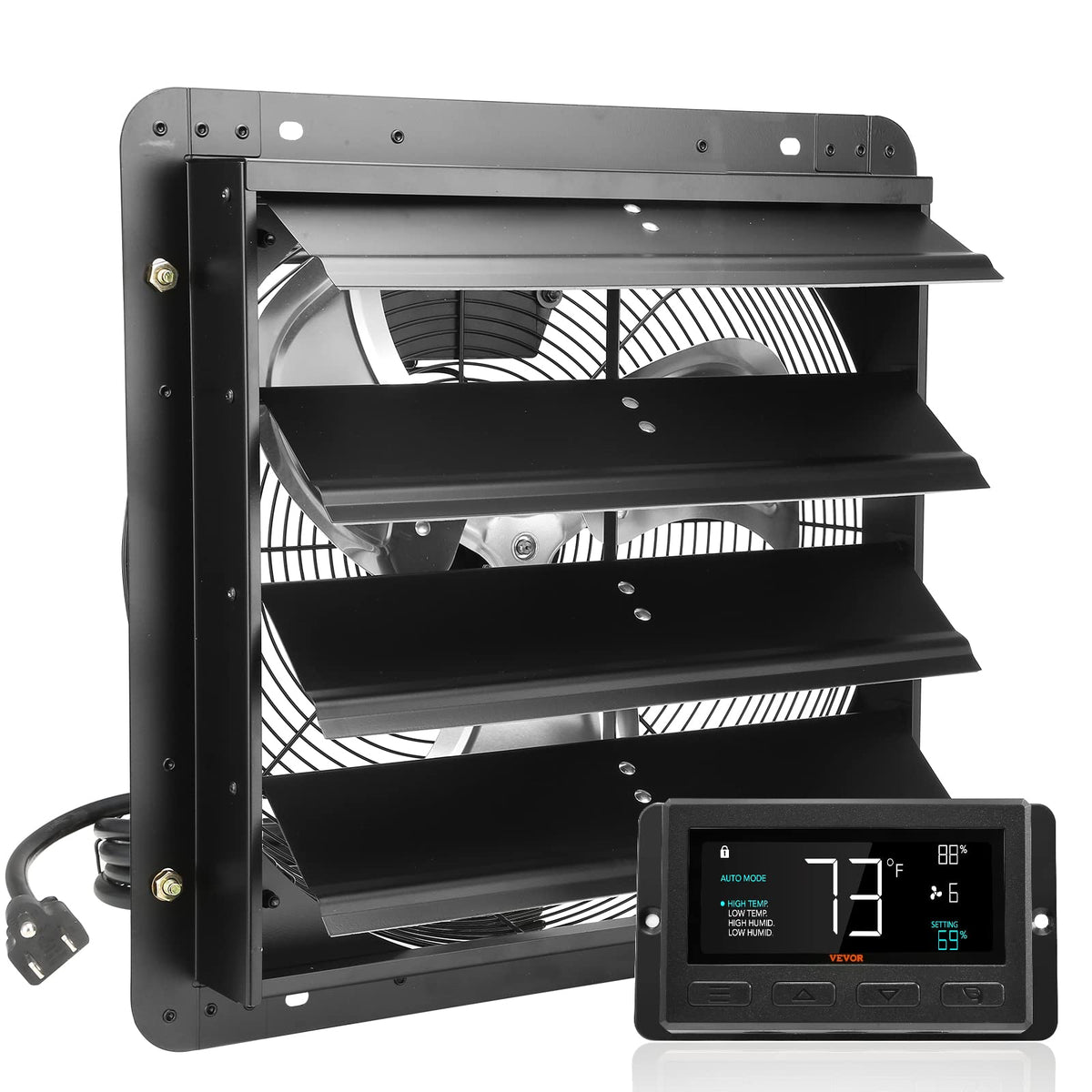 Vevor 16'' Shutter Exhaust Fan, Temperature And Humidity Controls, 18.9 X 18.9 Inch, 2650 Cfm, Etl Listed, 120V/60Hz, 70W, Black