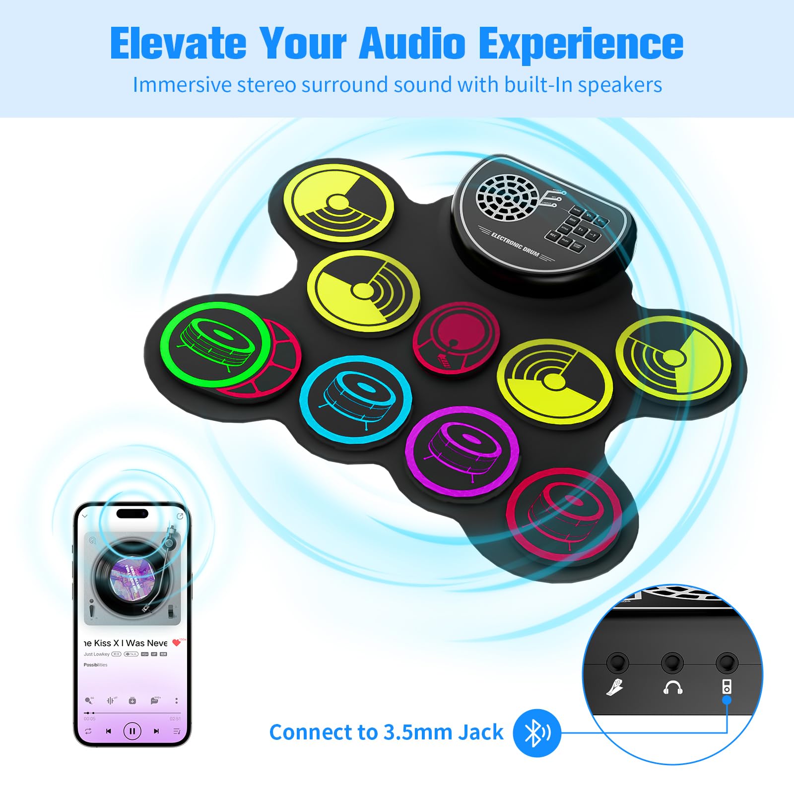 Miortior Electronic Drum Set, 10 Pads Roll Up Drum Practice Pad With Drum Pedals & Drum Sticks, Portable Drum Pad Machine Built