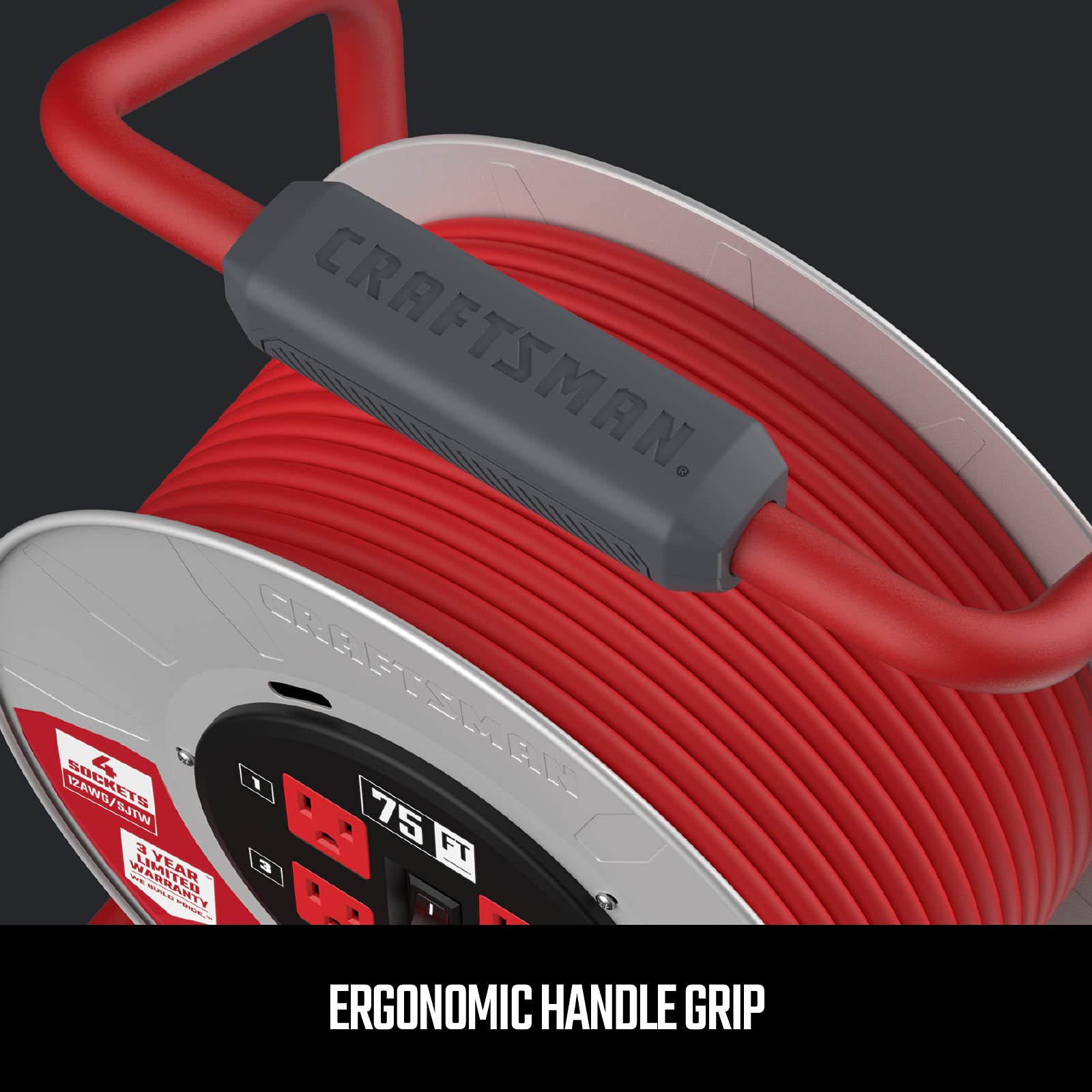 Craftsman Contractor Edition Retractable Extension Cord Reel 75 Ft. With 4 Outlets & Heavy Duty 12Awg Sjtw Cable