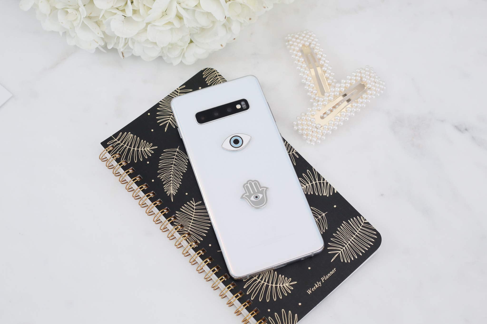 Metal Charm Stickers For Cell Phone Cases. Evil Eye And Hamsa Set Of 2 Reusable & Removable Leaves No Residue. Universal Spiritu