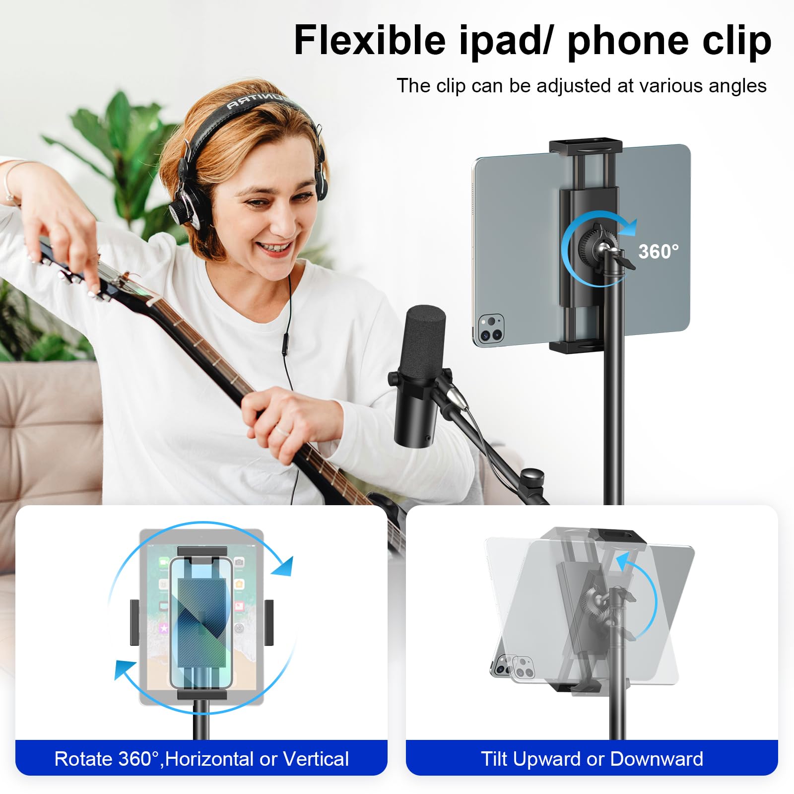 Boom Mic Stand,Aokeo Microphone Stand Floor Tablet Mic Stand Tripod Adjustable 42-68 Inch Portable Mic Stand Boom Carrying Bag,S