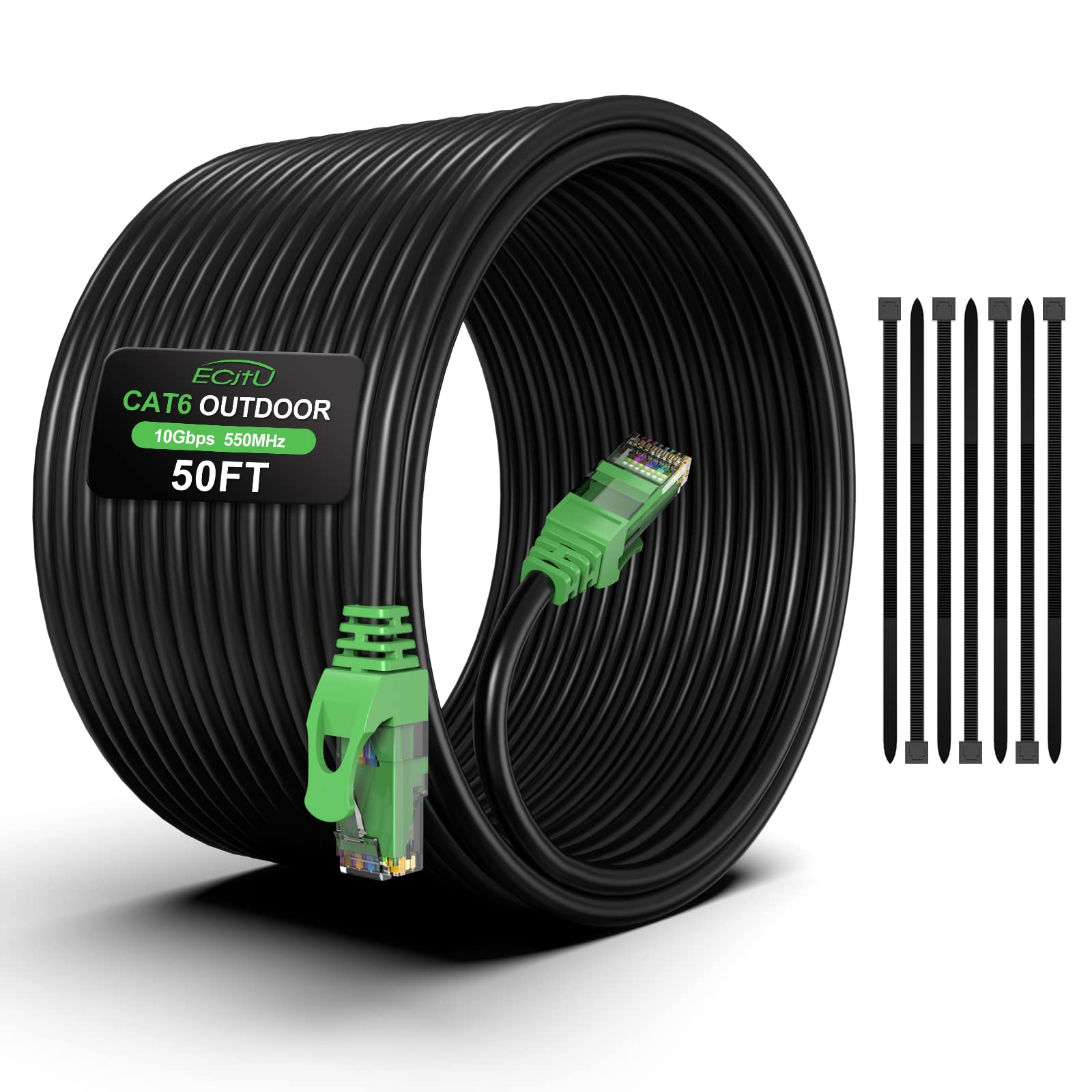 50Ft Cat6 Outdoor Ethernet Cable, In Ground, Heavy Duty Direct Burial, 24Awg Cca Patch Cord For Laptops, Pcs, Routers, Printers, Surveillance Camera, Poe, Utp Cat 6 Internet Cable With 25 Cable Ties