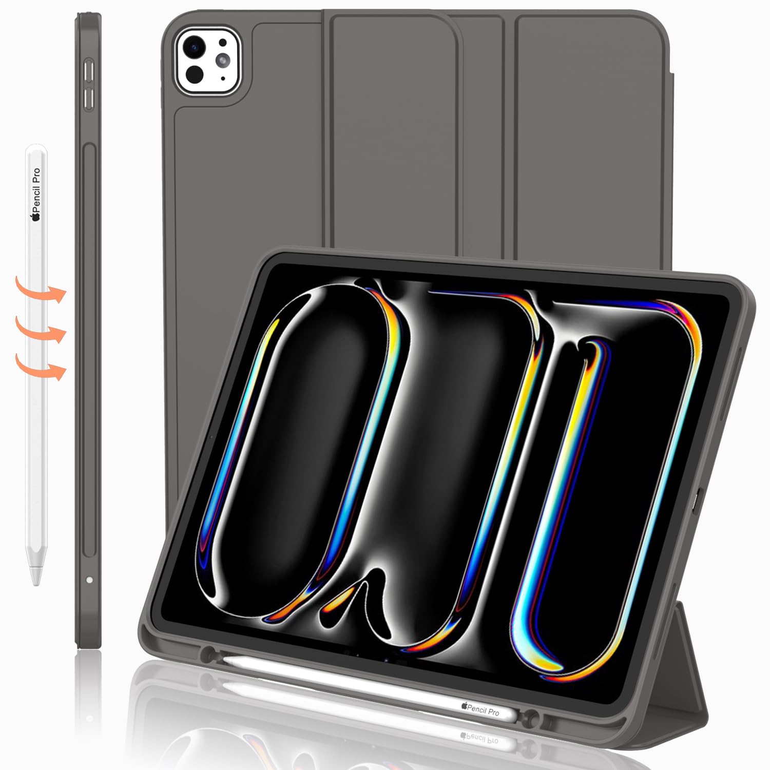 Imieet Ipad Pro 13 Inch Case M4 (2024) With Pencil Holder, [Support Pencil Pro And Pencil (Usb C)],Trifold Stand Smart Case With Soft Tpu Back, Auto Wake/Sleep (Space Gray)
