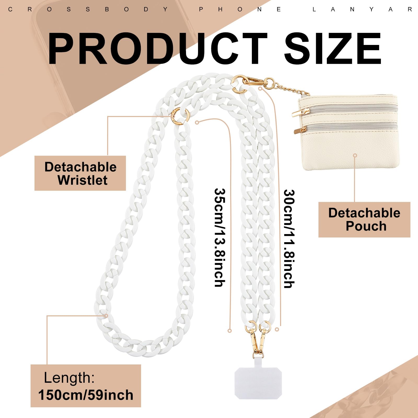 Bememo Clip And Go Strap For Phone With Wallet, Adjustable Crossbody Universal Phone Chains With Zippered Pouch For Women(White)