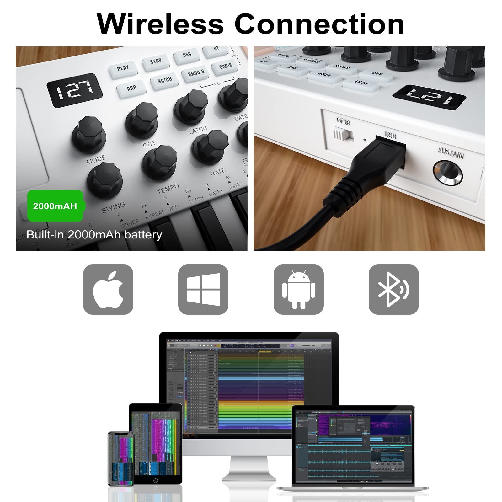 M Wave 25 Key Usb Midi Keyboard Controller With 8 Backlit Drum Pads, Bluetooth Semi Weighted Professional Dynamic Keybed 8 Knobs