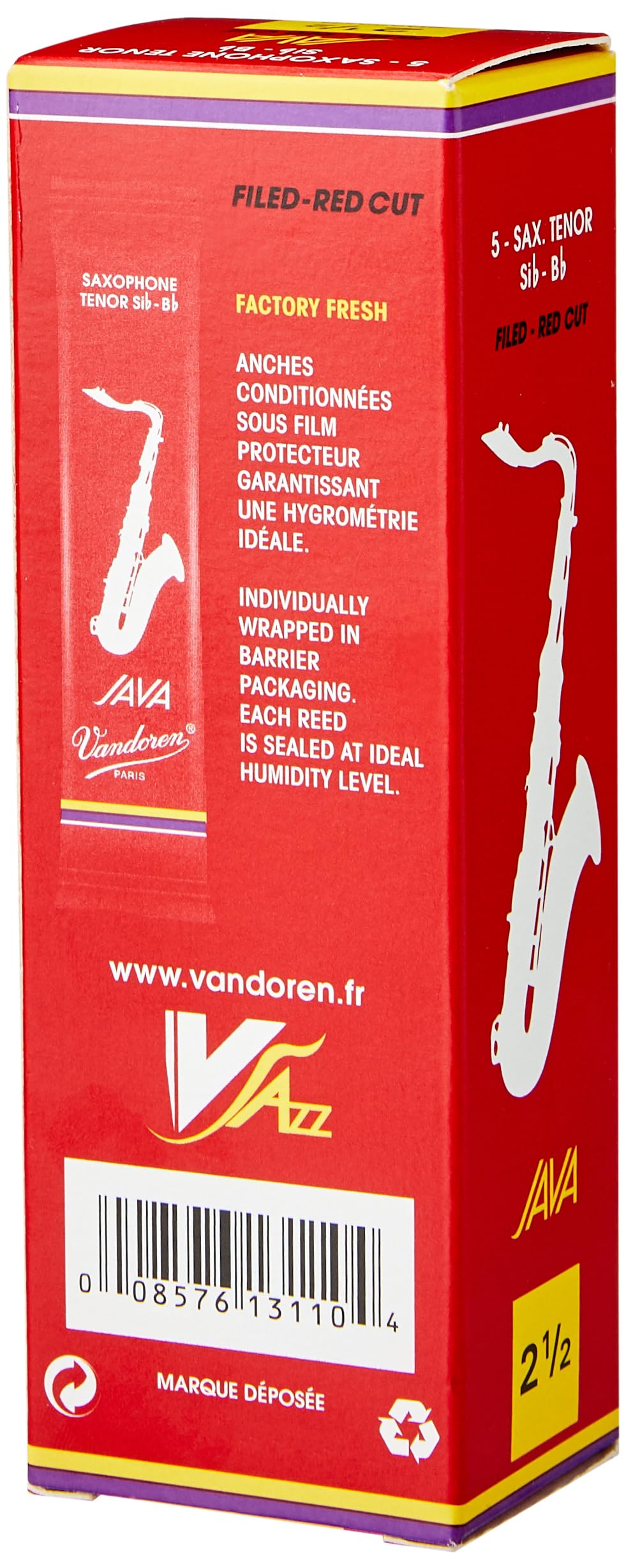 Vandoren Sr2725R Tenor Sax Java Red Reeds Strength 2.5; Box Of 5