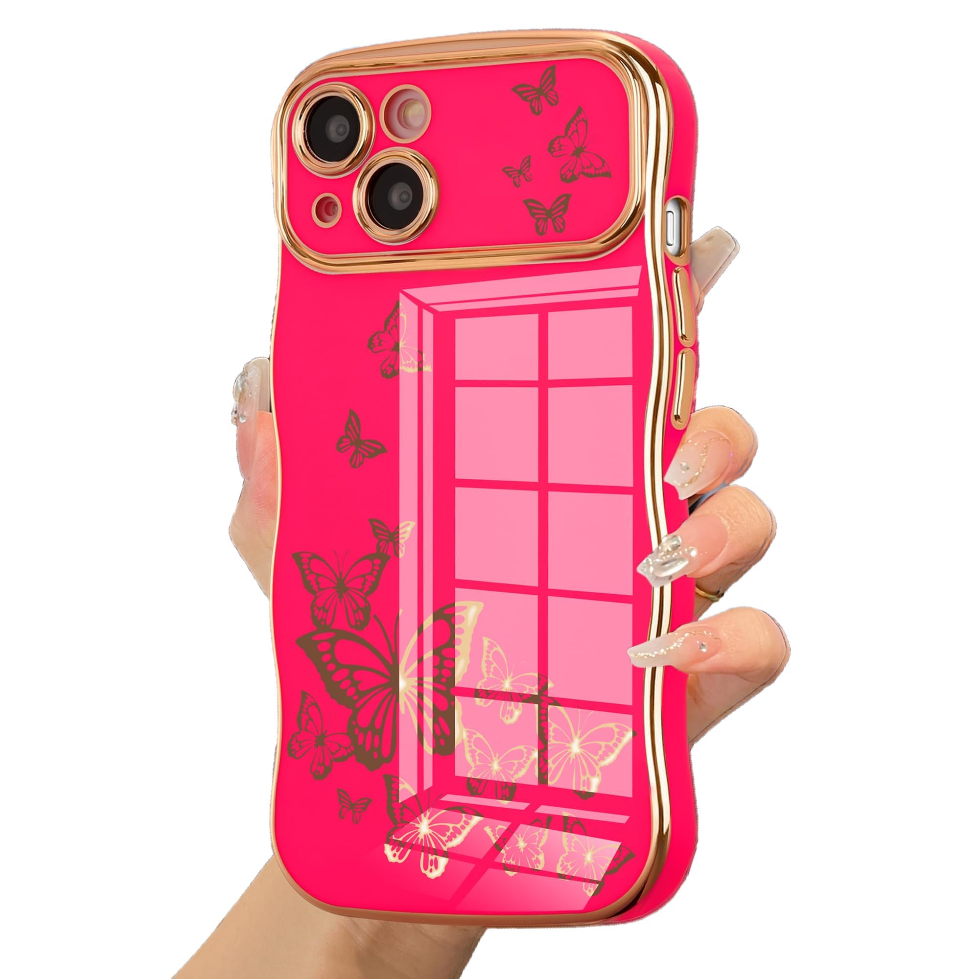 Ztofera For Iphone 15 Case For Girl Women, Cute Curly Wave Frame With Luxury Plating Butterfly Pattern, Soft Tpu Electroplated E