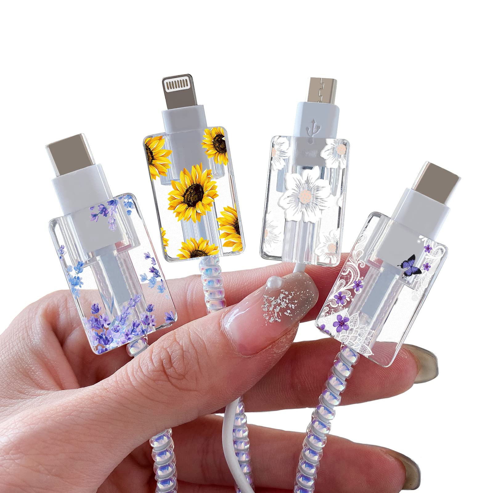 Flower Floral Lightning Cable Protector For Iphone Type C Charger,Cute Lavender Sunflower Lace Blossom Pattern 4Pcs Set Phone Ca