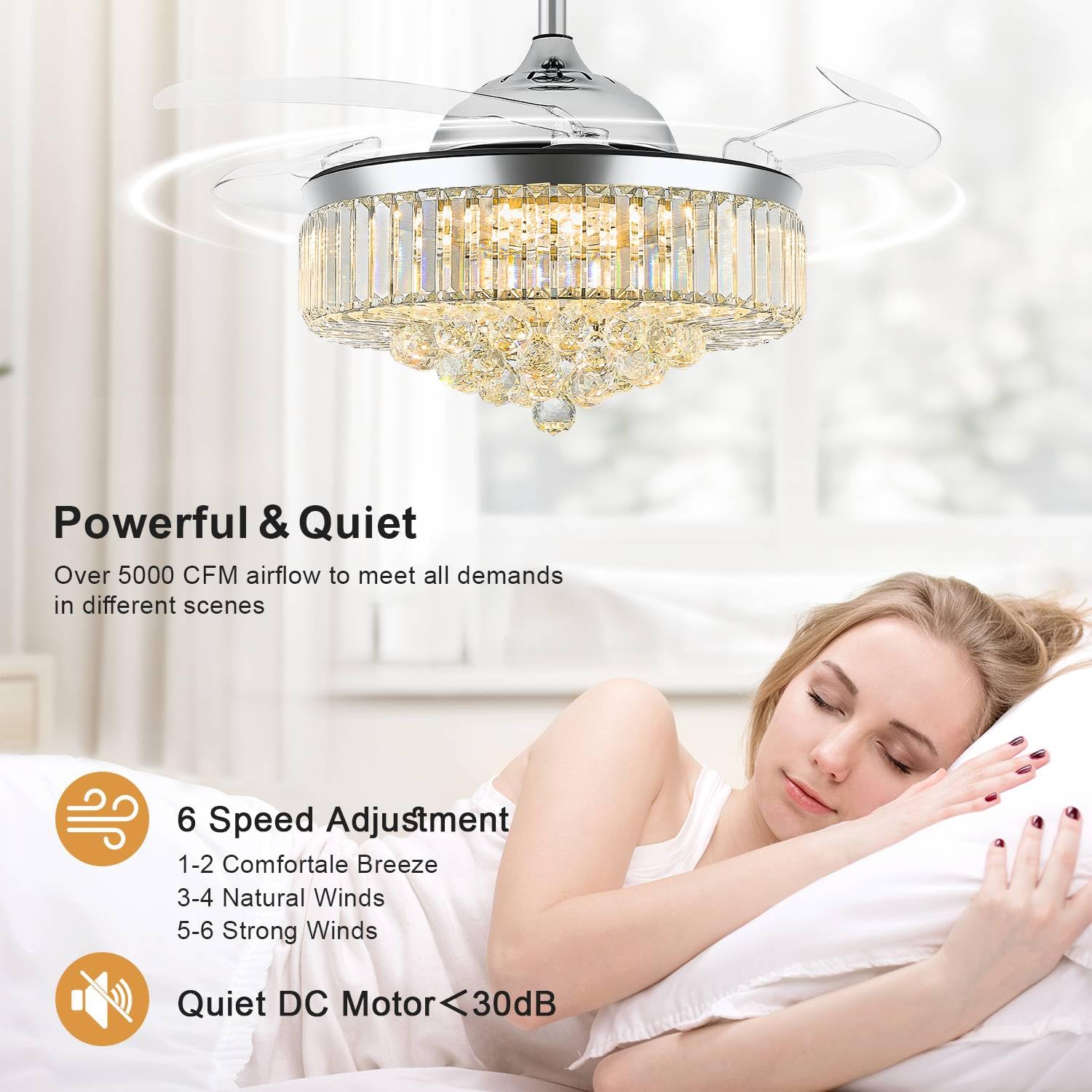 Deliyfans 42 Inch Chandelier Ceiling Fan, Fandelier Ceiling Fan With Light Crystal Ceiling Fan, Fandelier For Bedroom, Living Ro