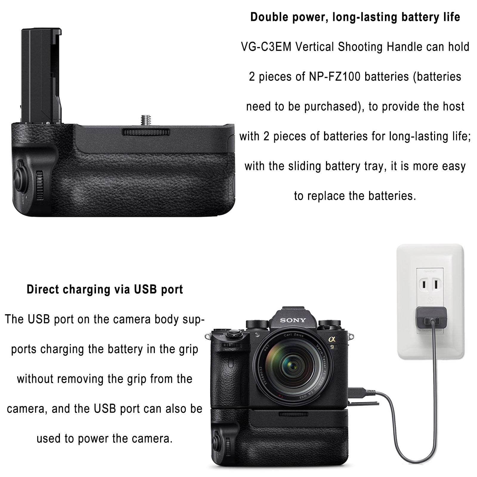 Battery Grip For Sony A7Riii A7Iii A9 Cameras, Replacement For Sony Vg C3Em,Used To Replace Fz100 Rechargeable Lithium Ion Batte