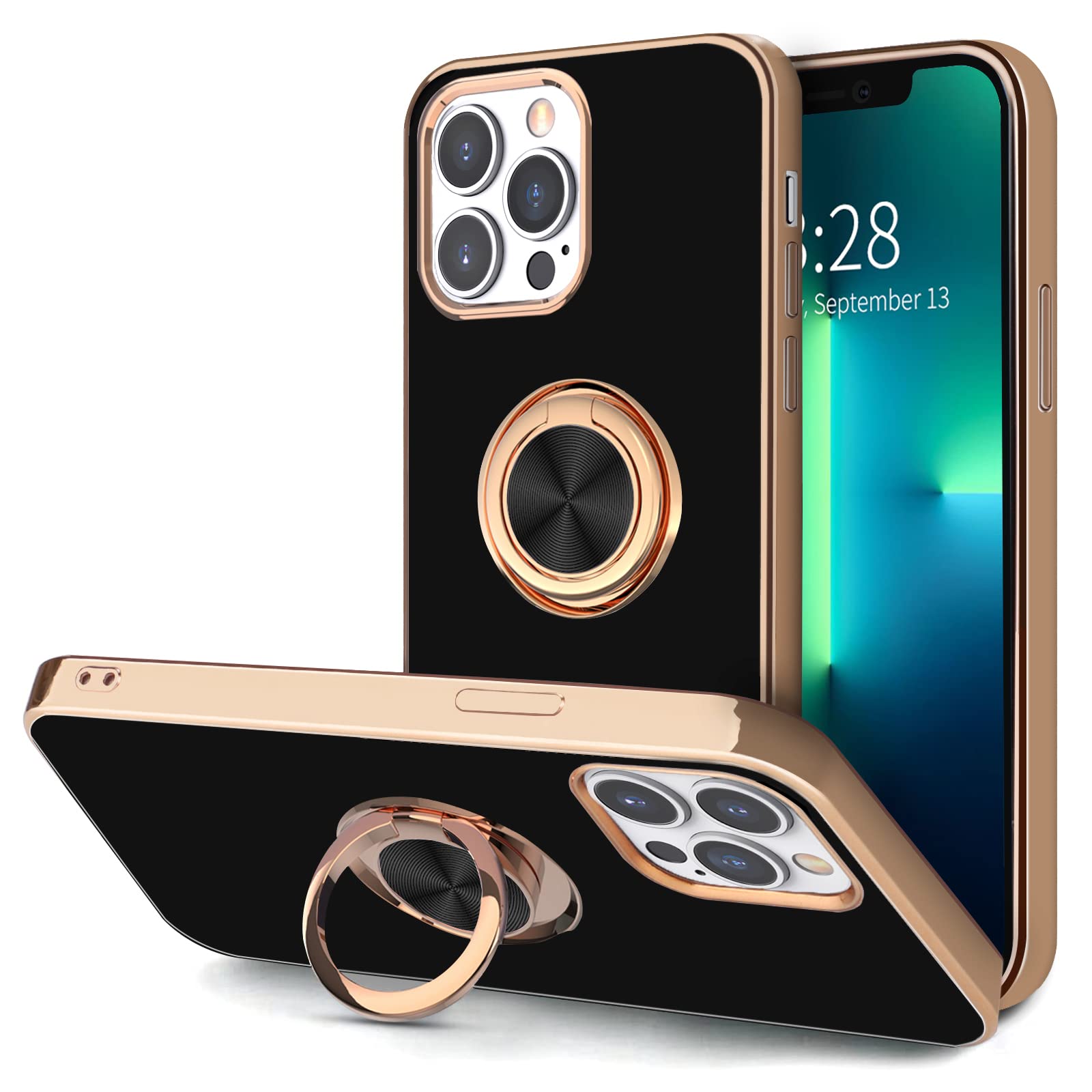 Hython For Iphone 13 Pro Case With Ring Stand [360 Rotatable Ring Holder Magnetic Kickstand] [Support Car Mount] Plating Rose Go