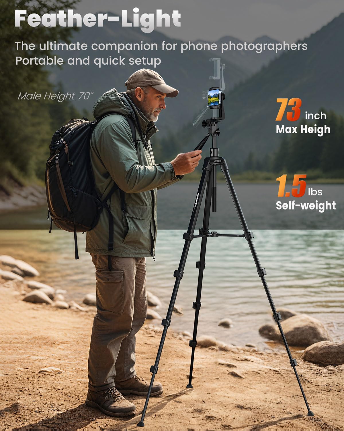 Cambofoto 73'' Phone Tripod With Horizontal Overhead, Selfie Stick/Tall Travel Tripod Stand With Wireless Remote And Iphone Hold