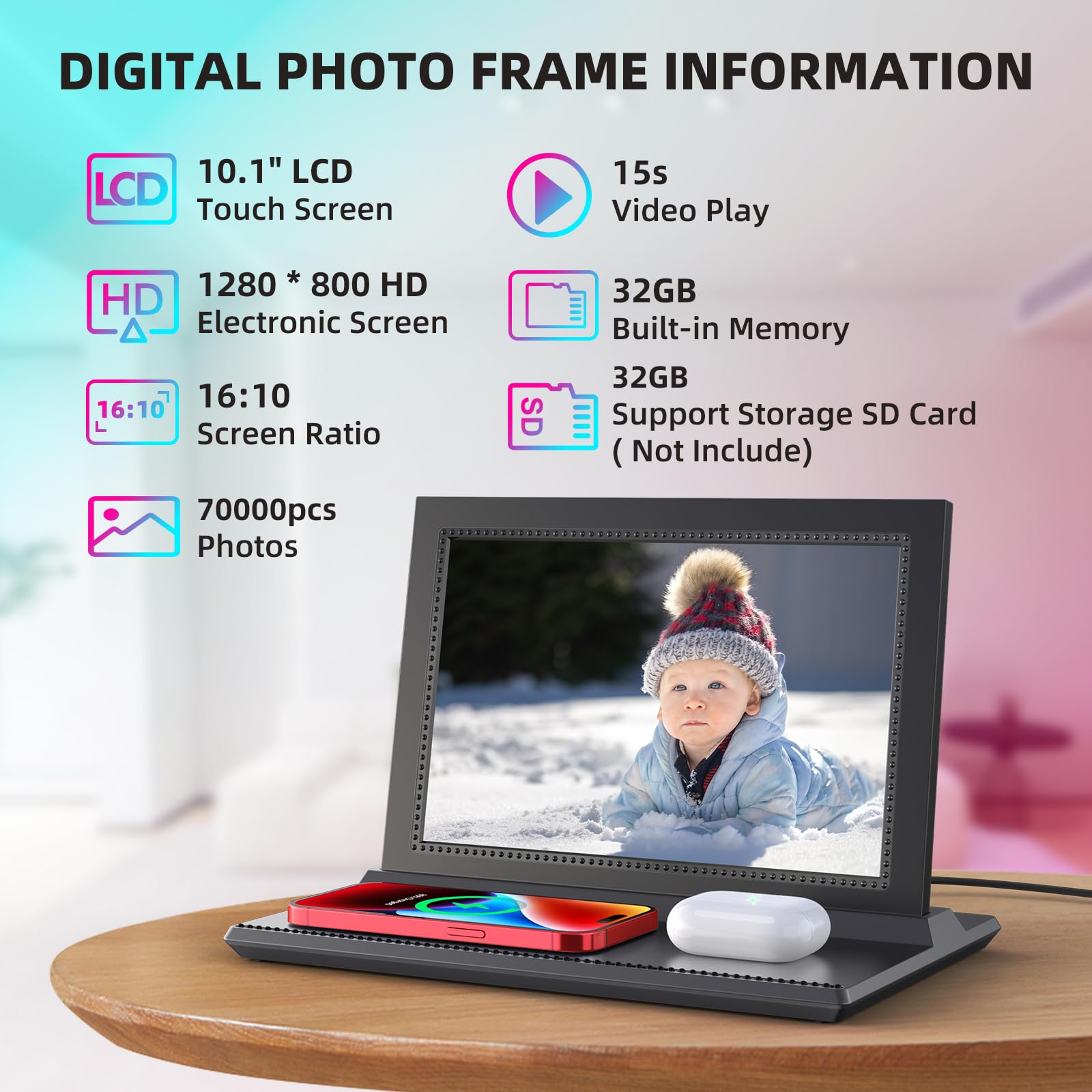 Nbtous 3 In 1 10.1'' Wifi Digital Picture Frame With Charging Station.15W For Phone And 5W For Earbuds. Internal 32Gb Storage, F