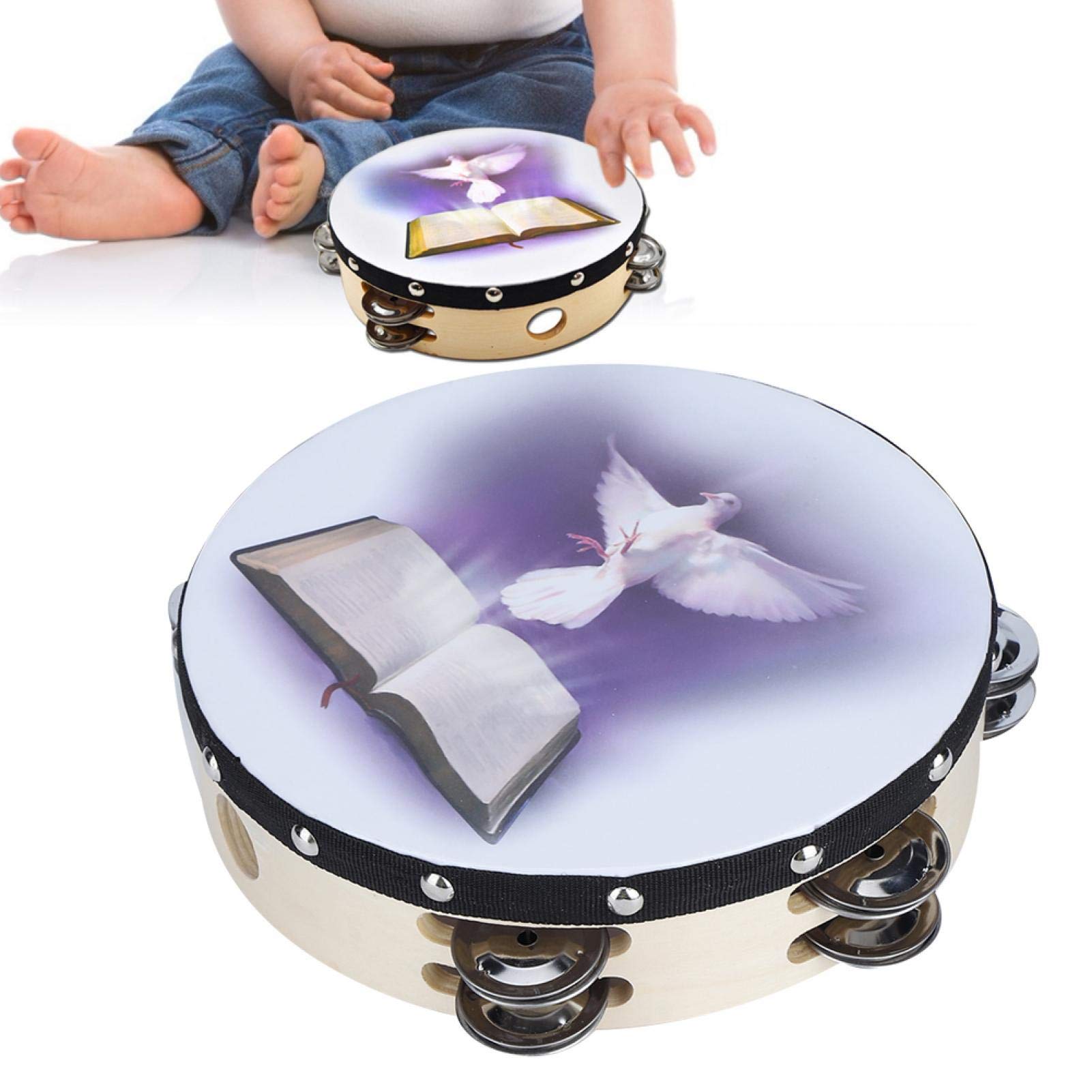 Ubersweet Tambourine, Light And Compact Wooden Drum Circle Handheld Percussion with Doublerow Metallic Sound for Dance for Conce
