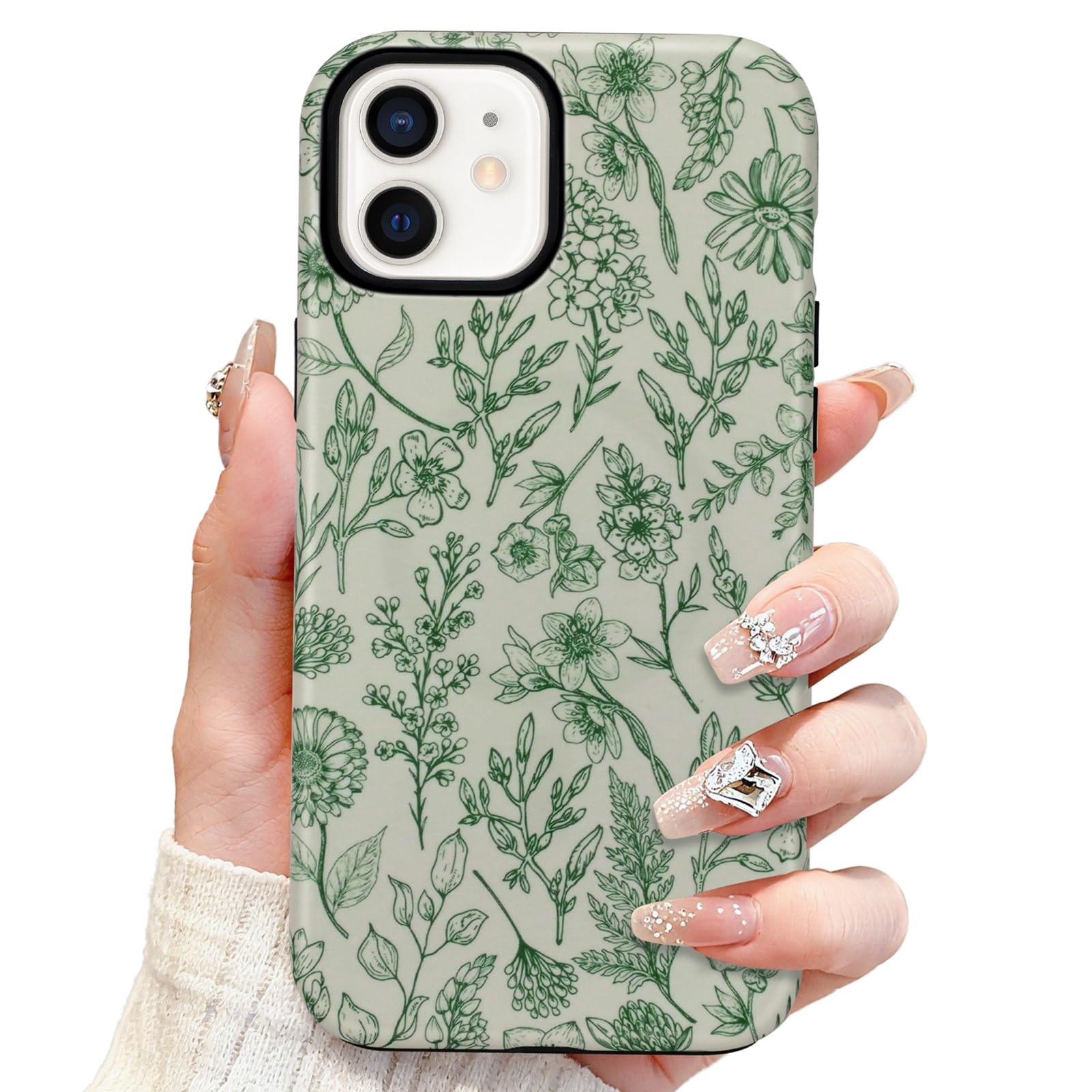 SOKAD Magnetic Sage Floral Phone Case for iPhone 12, Vintage Green Flower Pattern Compatible with Magsafe Matte Protective Case 