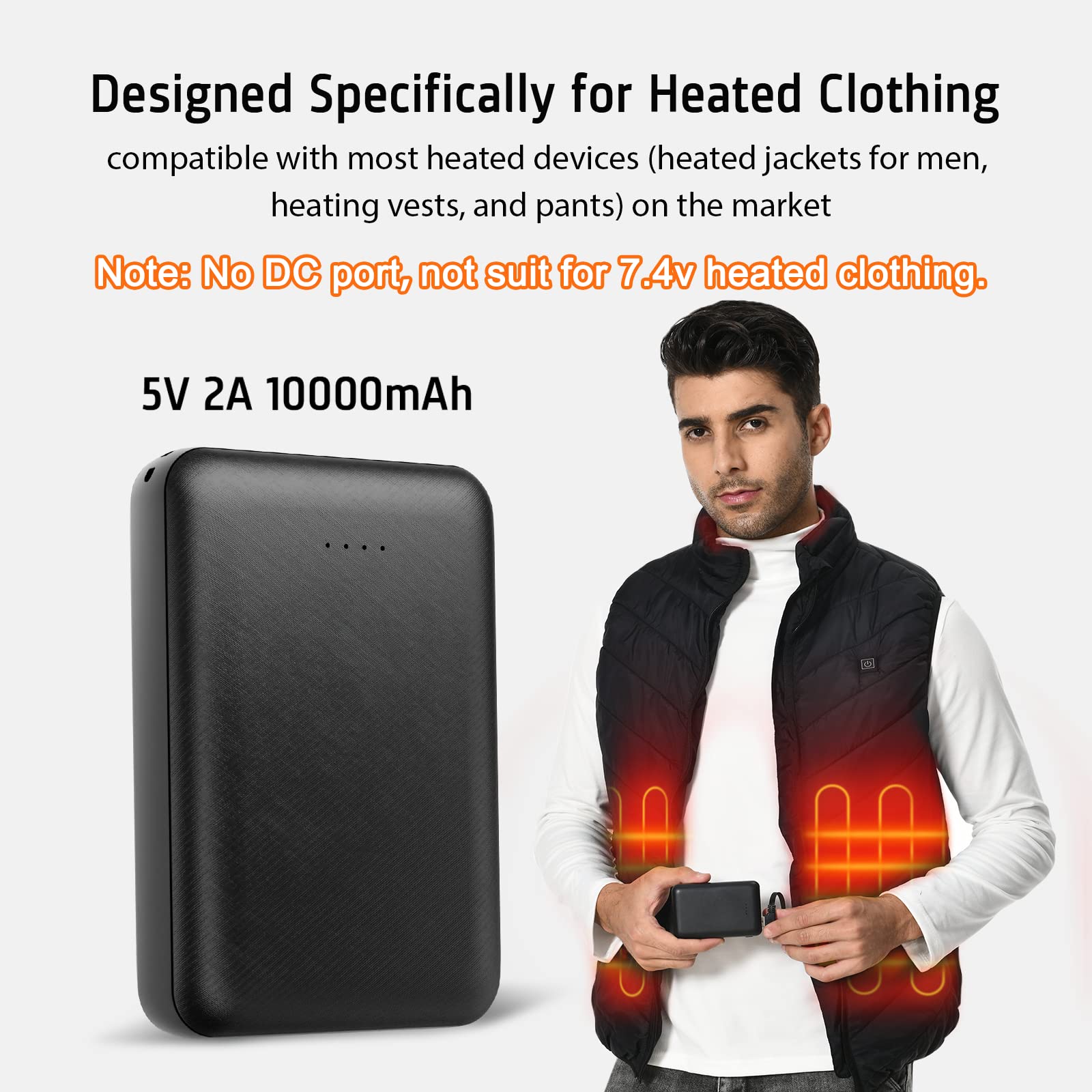 5V 2A Rechargeable Battery For Heated Vest Heated Jackets Heated Hoodies 10000Mah Battery Pack For Men Women (No Dc Port, Not Su