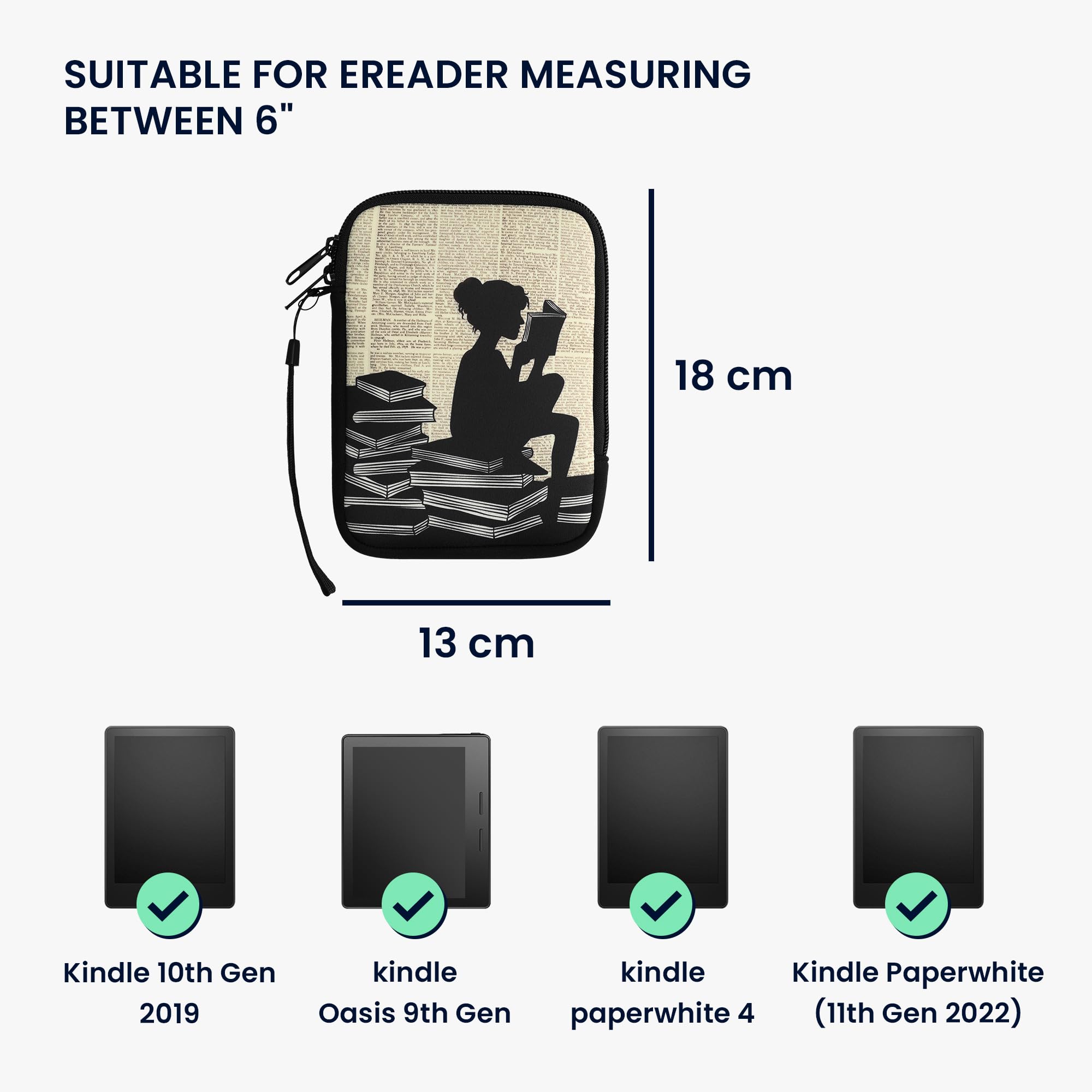 Kwmobile Neoprene E Reader Pouch Size 6'' Ereader   Universal Ebook Sleeve Case With Zipper, Wrist Strap   Black/Beige