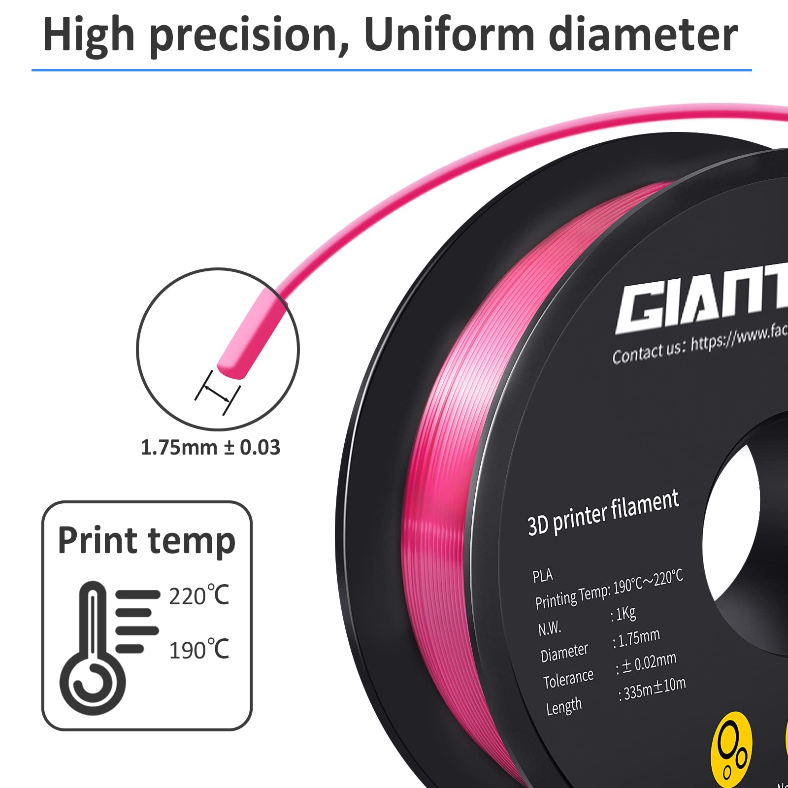 Giantarm 3D Printer Pla Filament, Shiny Silk Rose Pink Magenta Toughness Enhanced Filament With 1.75Mm Dimensional Accuracy +/ 0